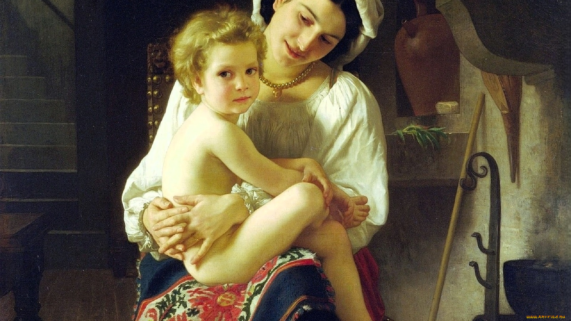 рисованное, adolphe-william, bouguereau, женщина, ребенок, дом