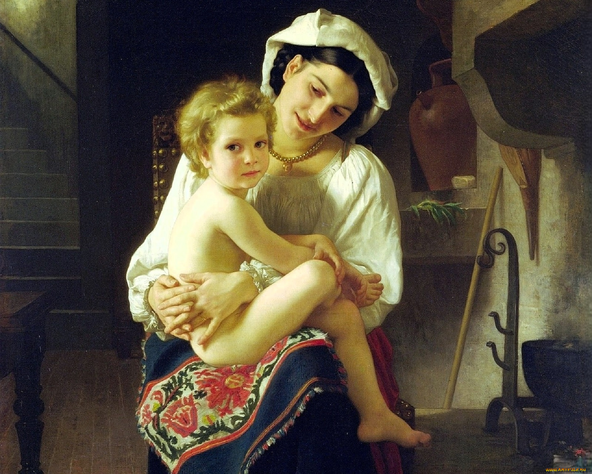 рисованное, adolphe-william, bouguereau, женщина, ребенок, дом