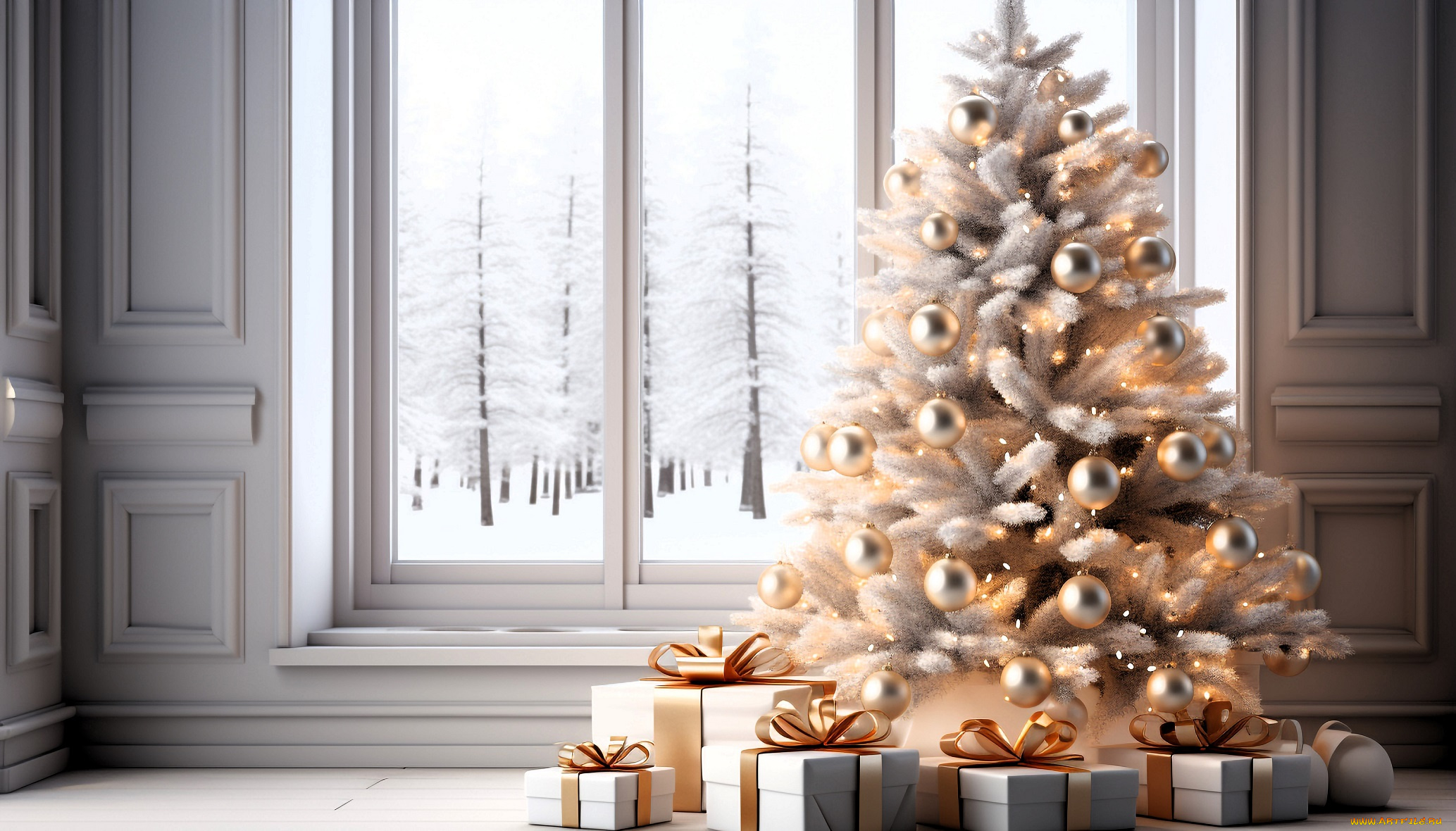 праздничные, ёлки, ёлка, подарки, окно, лес, снег