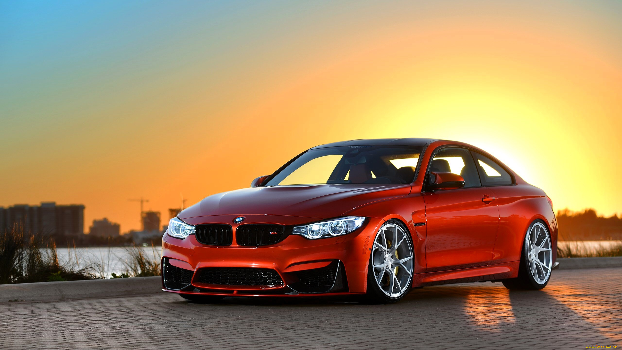 bmw, m4, автомобили, bmw, красный, площадка, пруд, дома