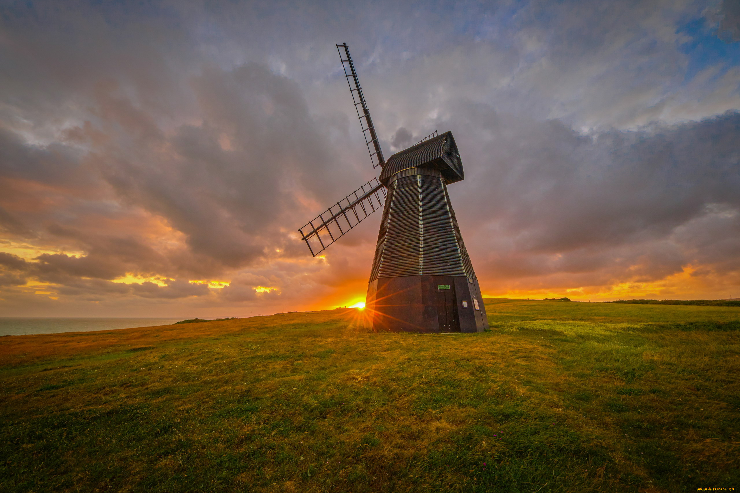 разное, мельницы, закат, облака, мельница, поле
