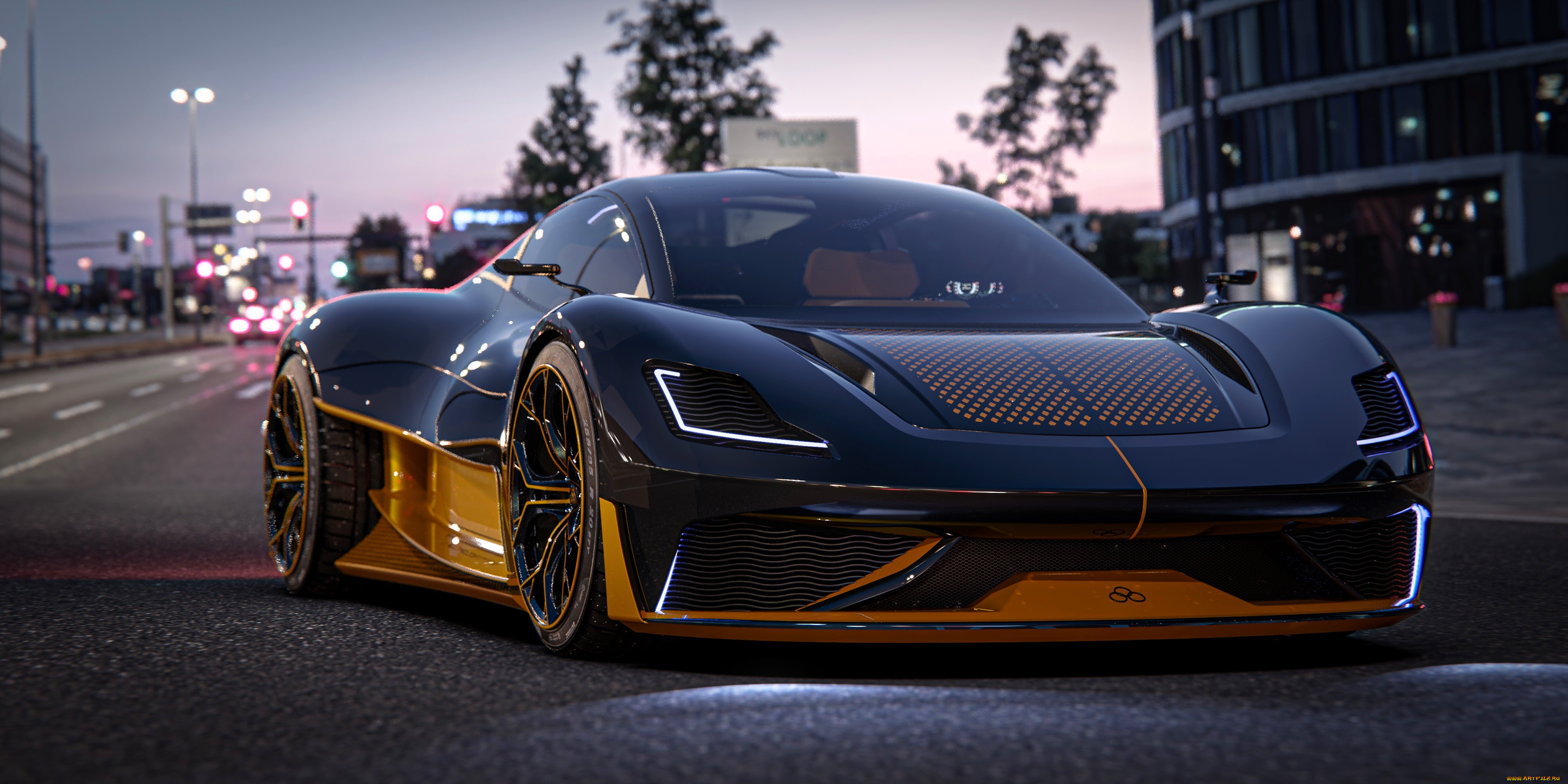 автомобили, 3д, синий, дорога, город, улица, здания