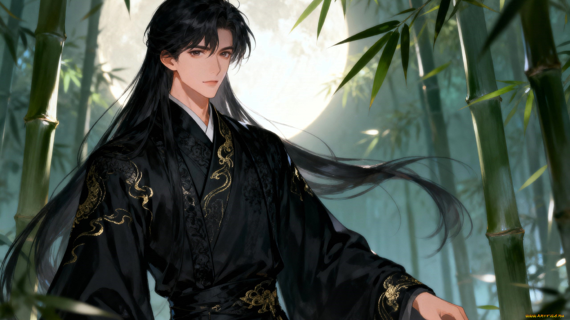 аниме, unknown, , другое, , парень, китай, волосы, наряд, бамбук, лес, луна