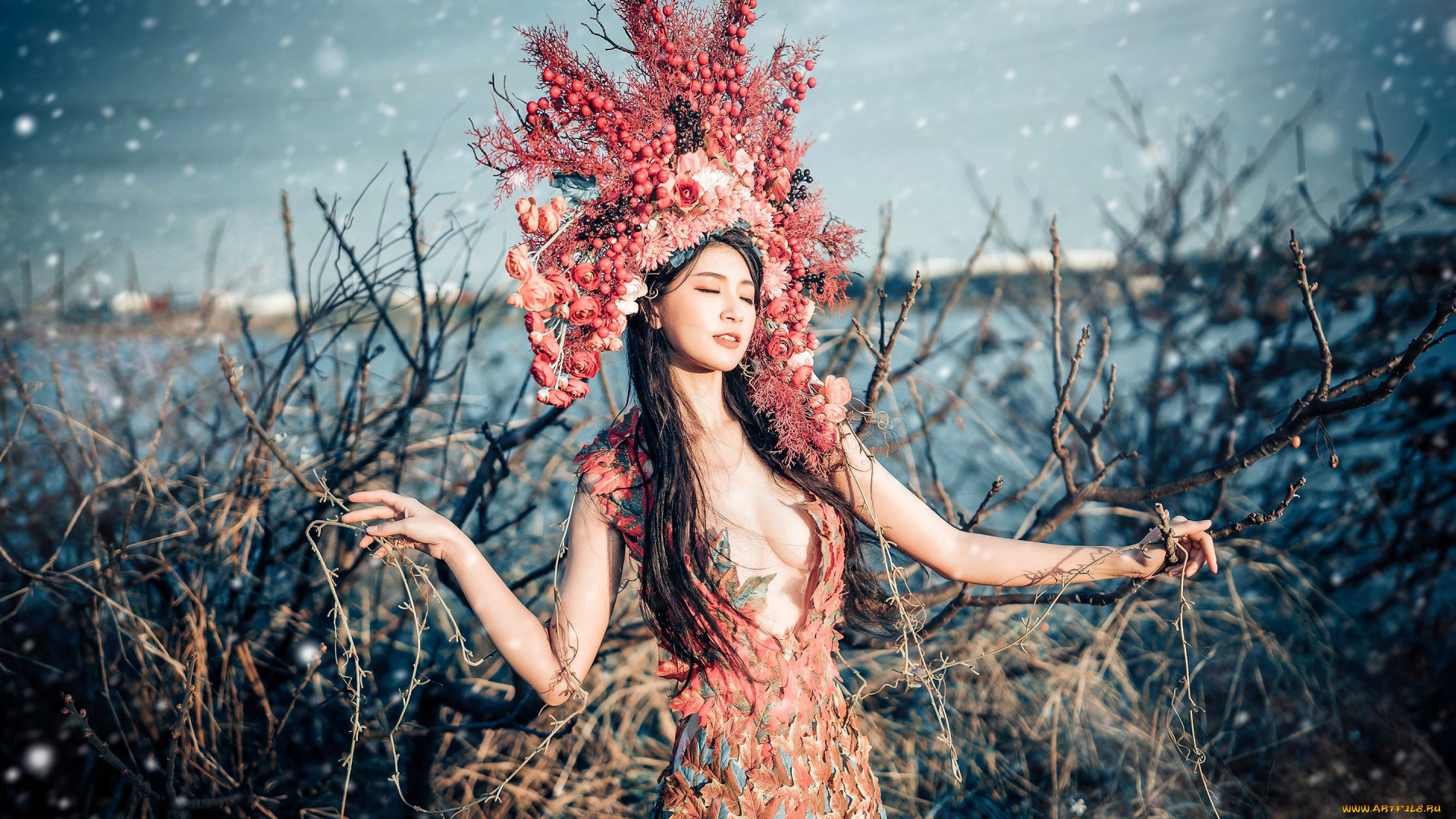 девушки, -, креатив, , косплей, брюнетка, образ, наряд, корона, кусты, озеро