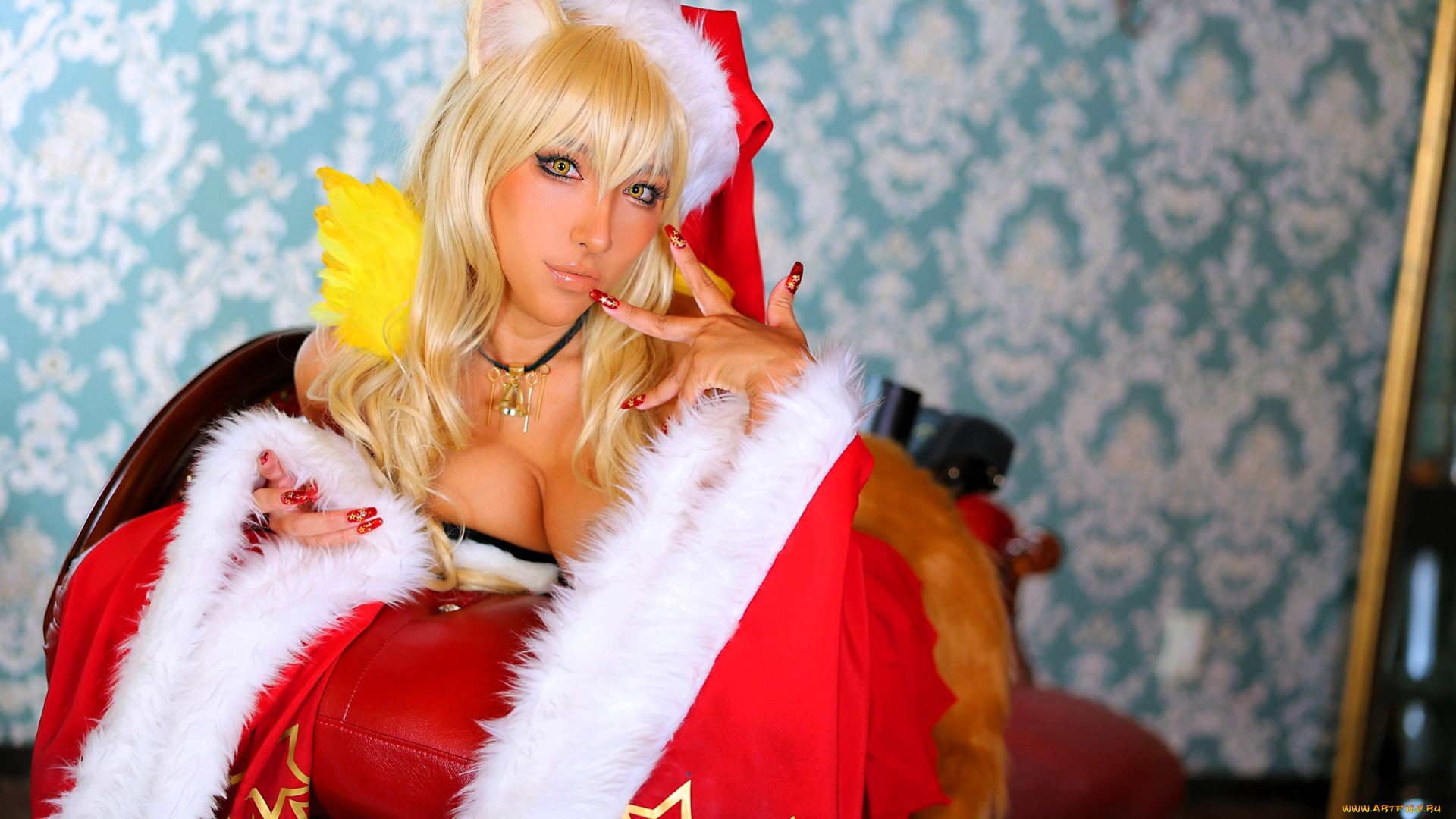 девушки, nonsummerjack, образ, косплей, наряд, костюм, ушки, шапка, хвост, топ, рукава, кресло