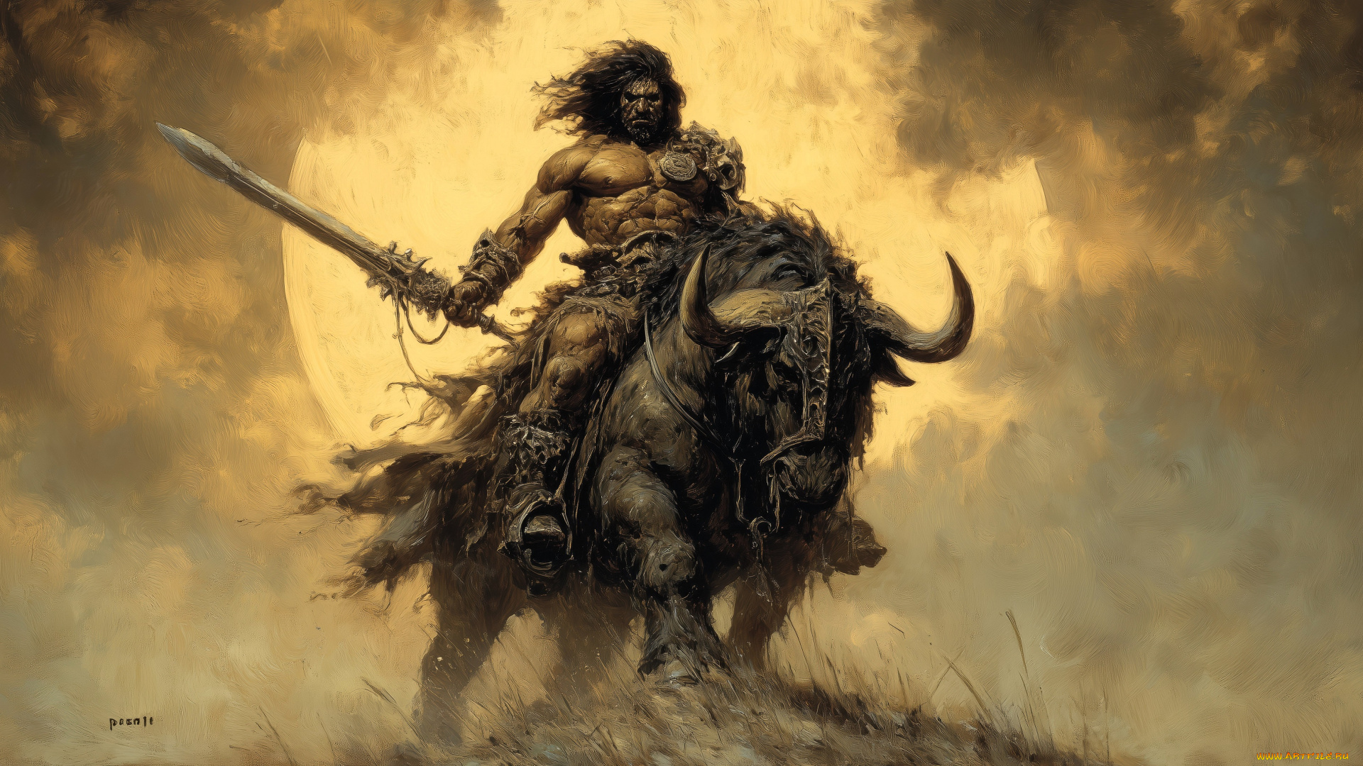 фэнтези, люди, всадник, воин, меч, бык
