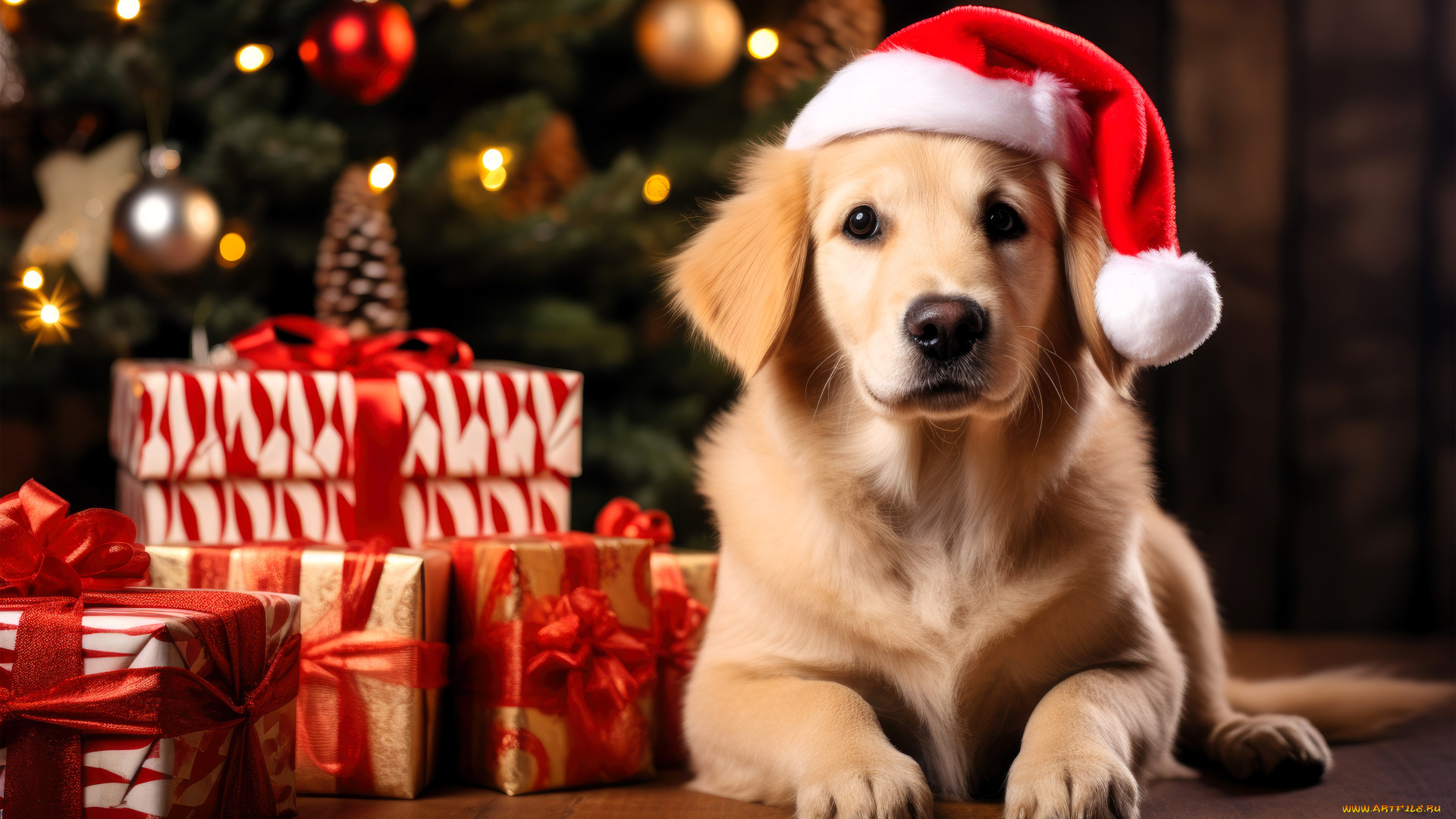 разное, компьютерный, дизайн, собака, ретривер, шапка, ёлка, подарки, новый, год