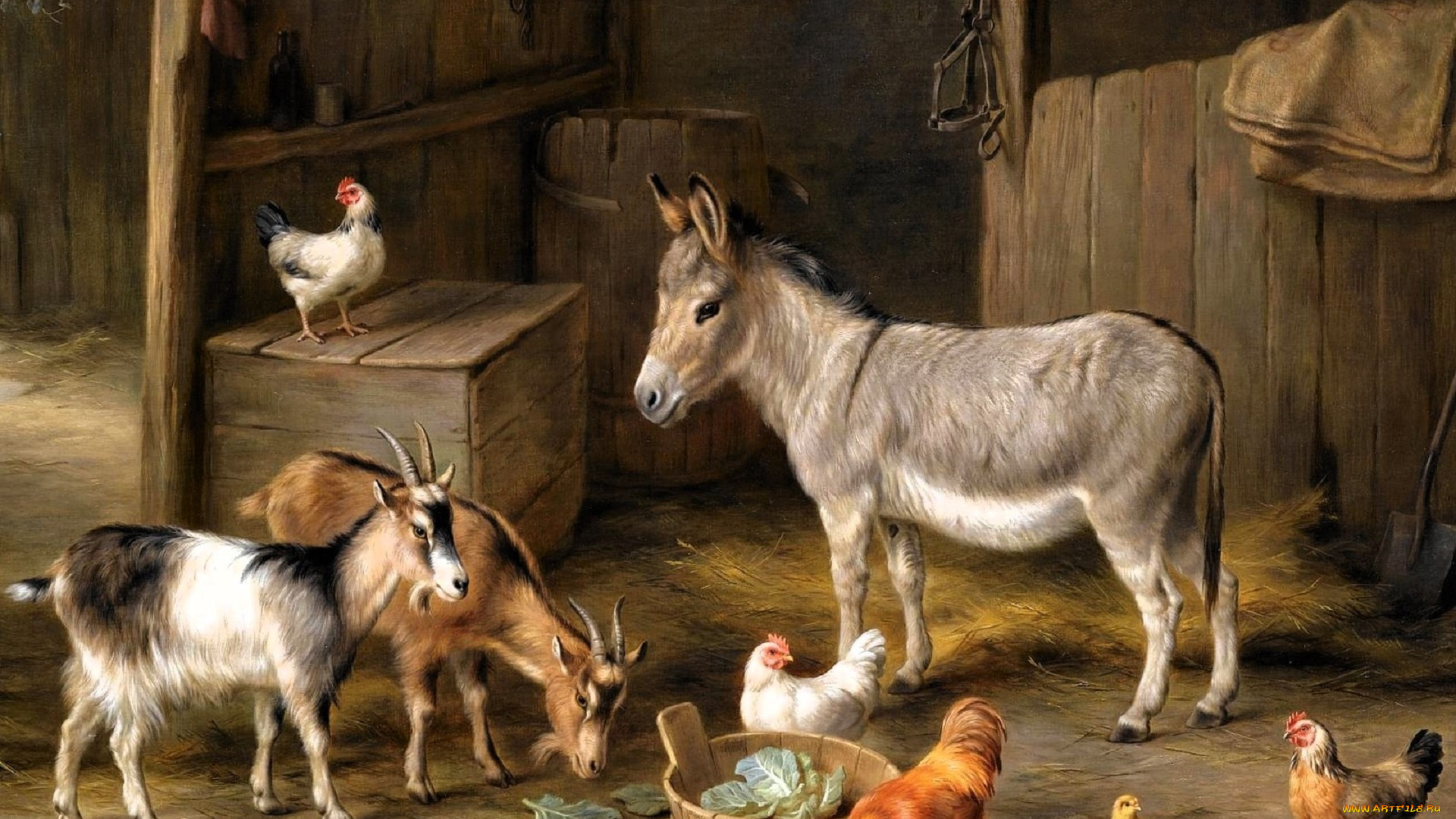рисованное, edgar, hunt, сарай, сено, куры, цыплята, козы, ослик