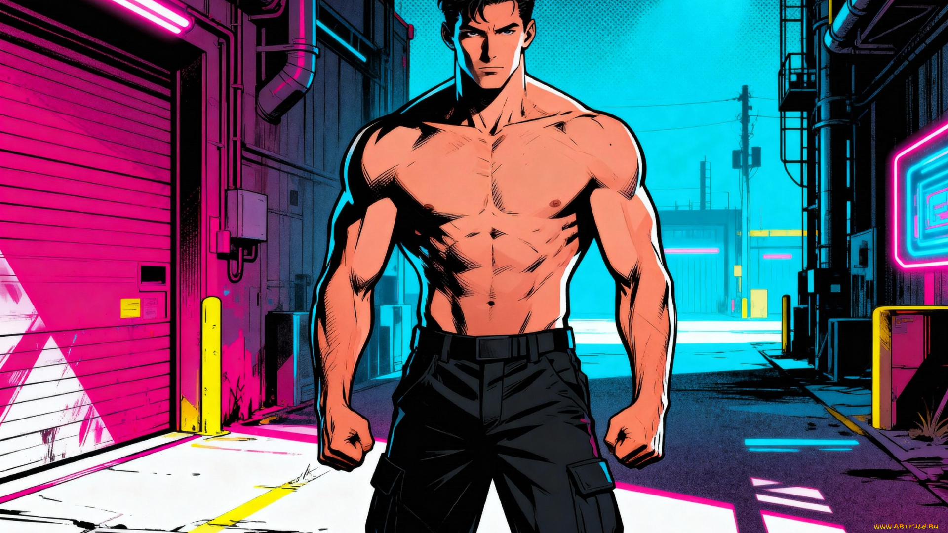 рисованное, комиксы, мужчина, торс, брюки, город, улица, дома