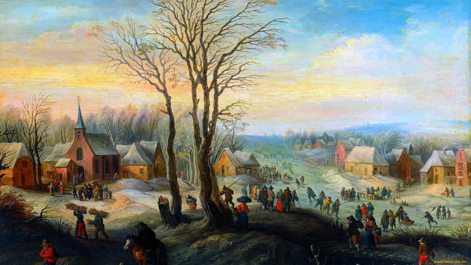 рисованное, живопись, люди, снег, зима, дерево, селение