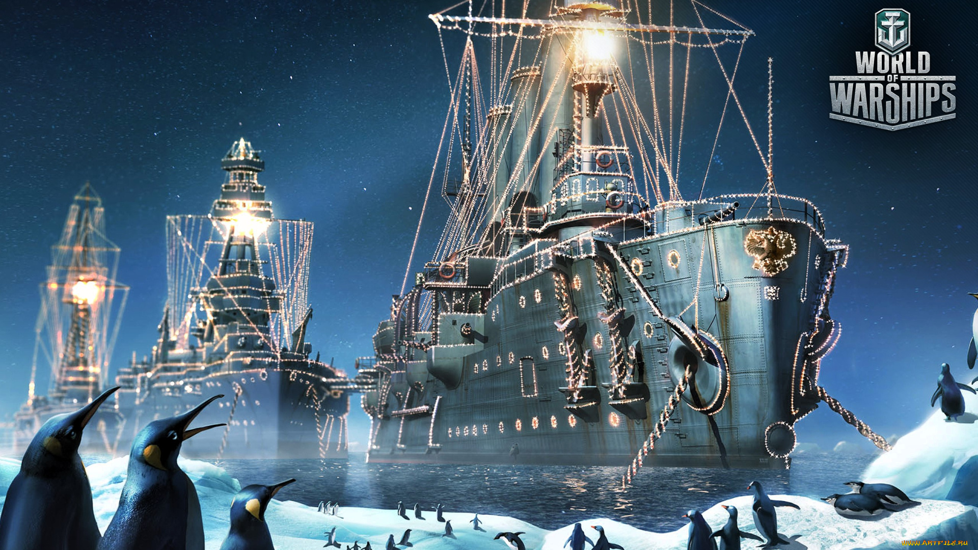 видео, игры, world, of, warships, корабли, огни, море, льды, пингвины