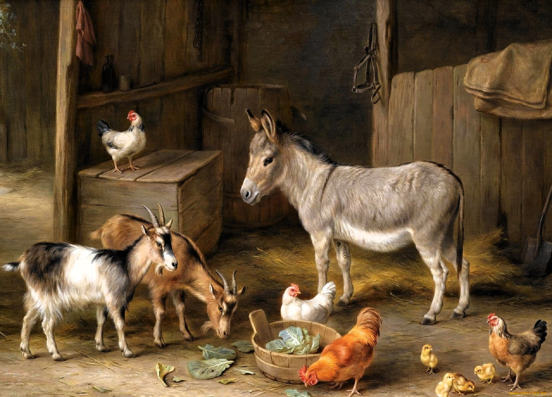 рисованное, edgar, hunt, сарай, сено, куры, цыплята, козы, ослик