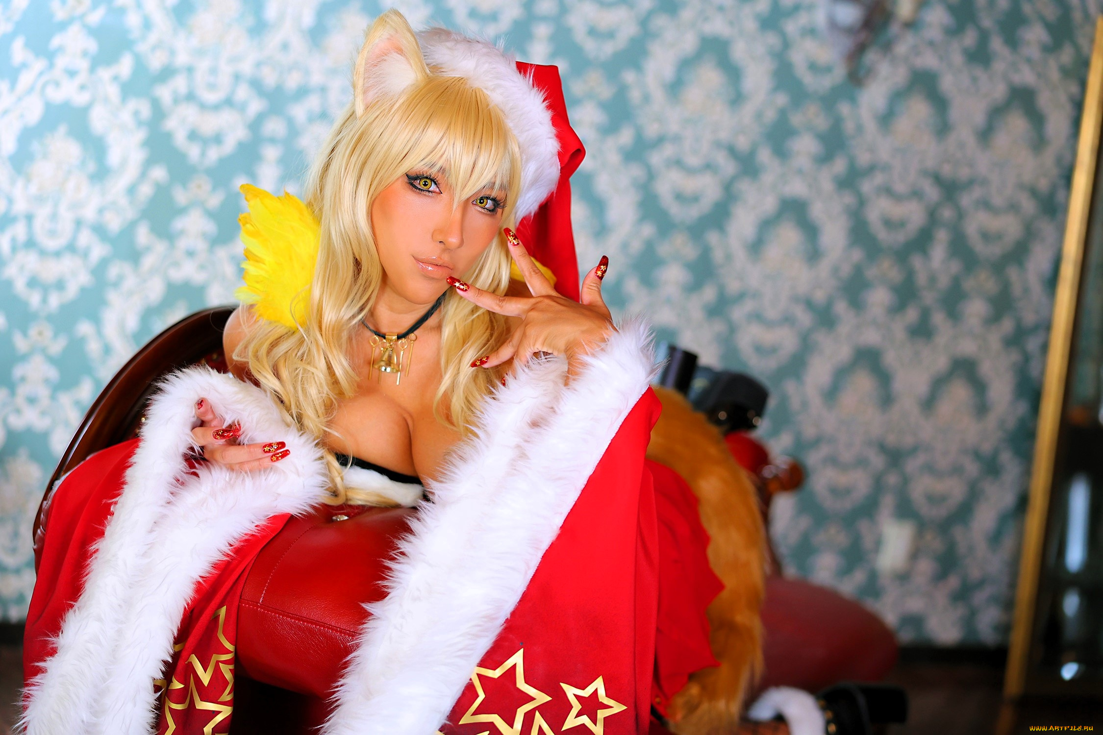 девушки, nonsummerjack, образ, косплей, наряд, костюм, ушки, шапка, хвост, топ, рукава, кресло