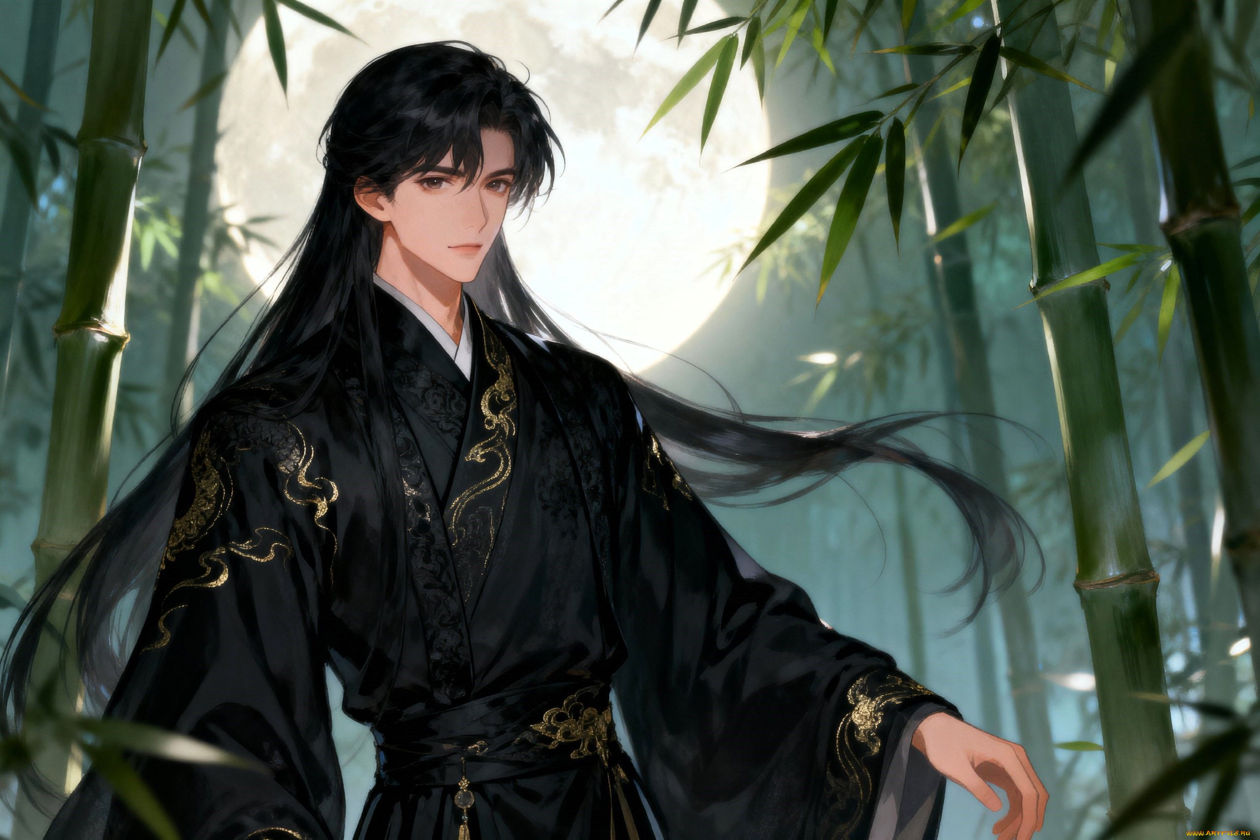 аниме, unknown, , другое, , парень, китай, волосы, наряд, бамбук, лес, луна