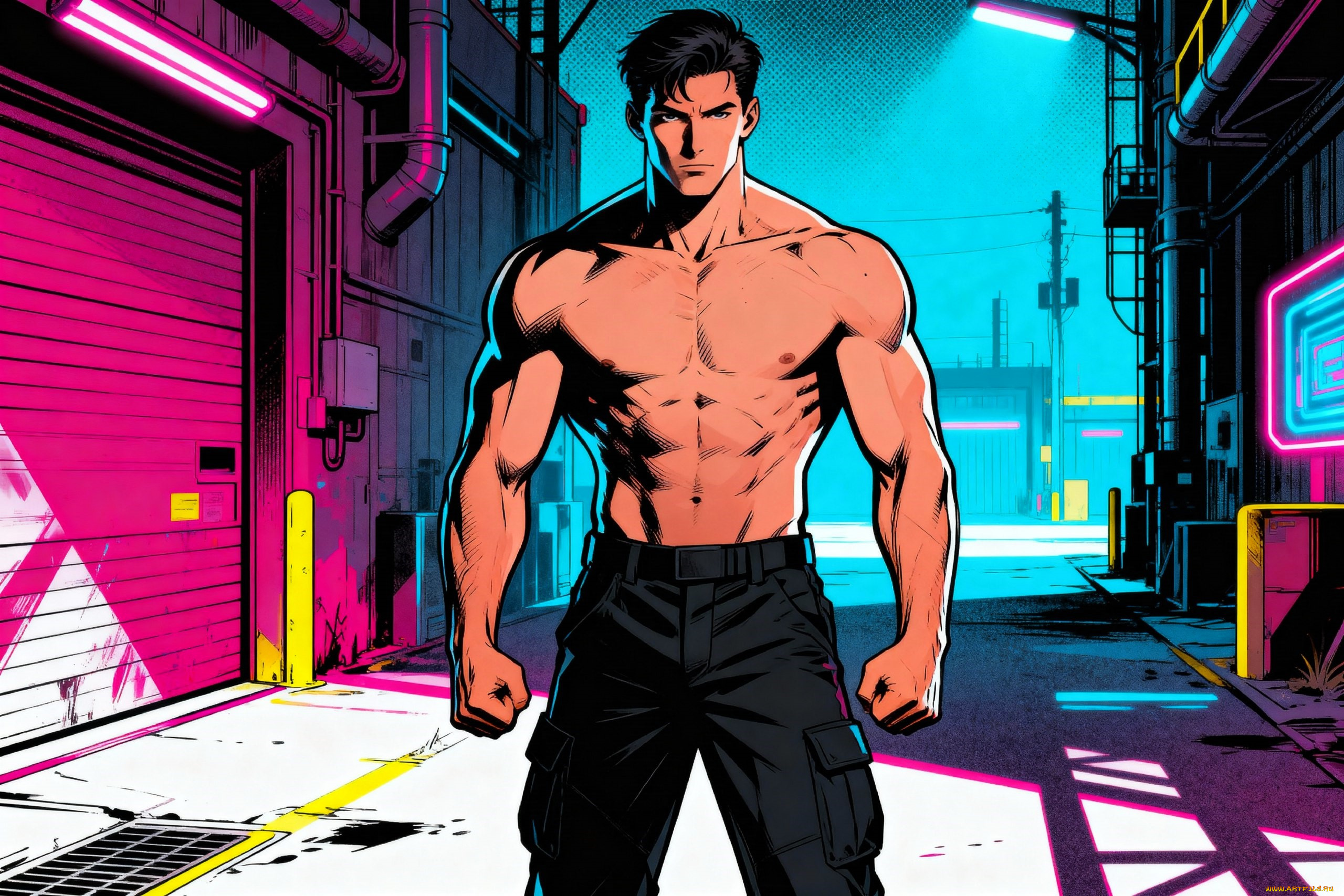 рисованное, комиксы, мужчина, торс, брюки, город, улица, дома