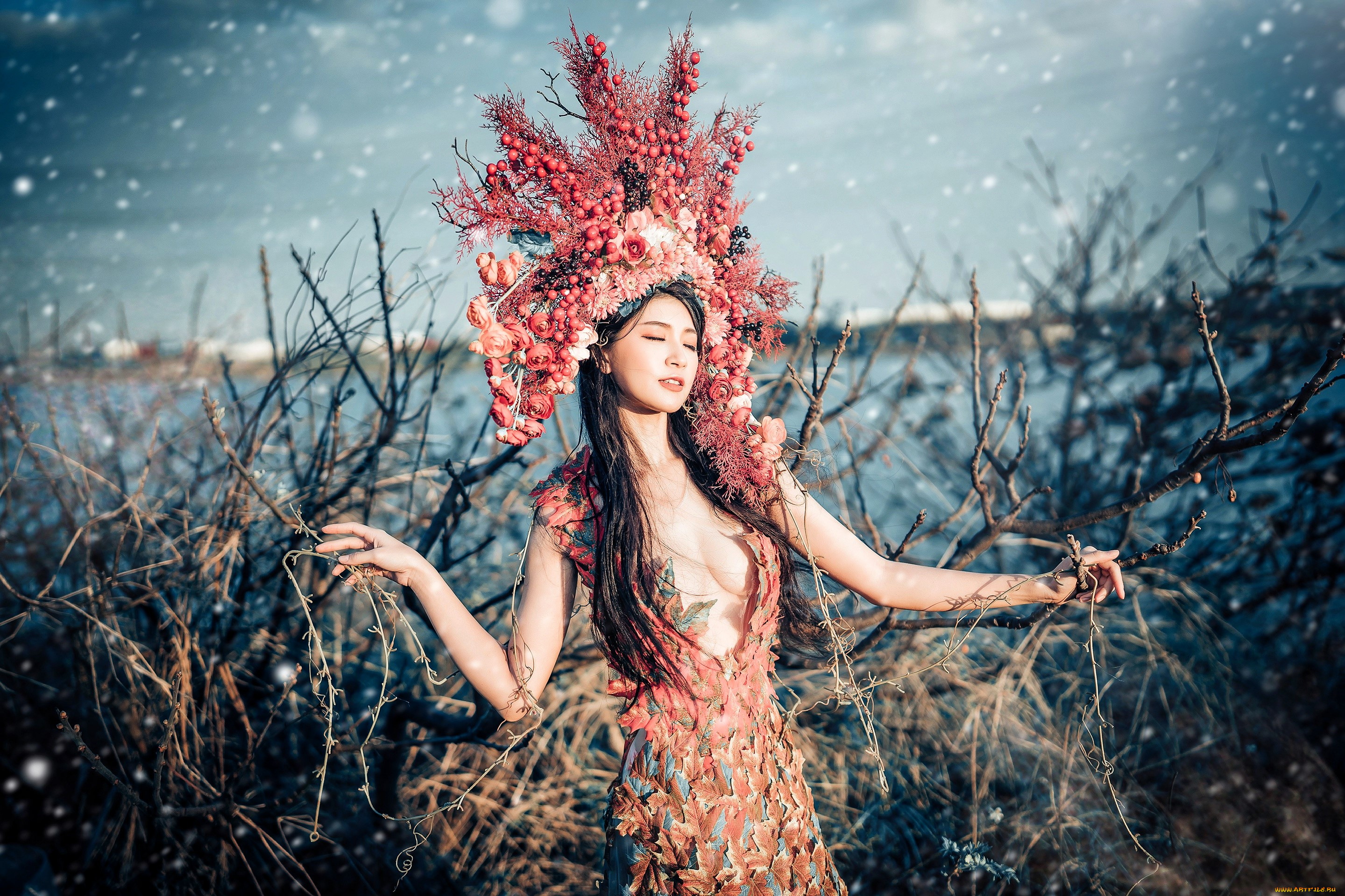 девушки, -, креатив, , косплей, брюнетка, образ, наряд, корона, кусты, озеро