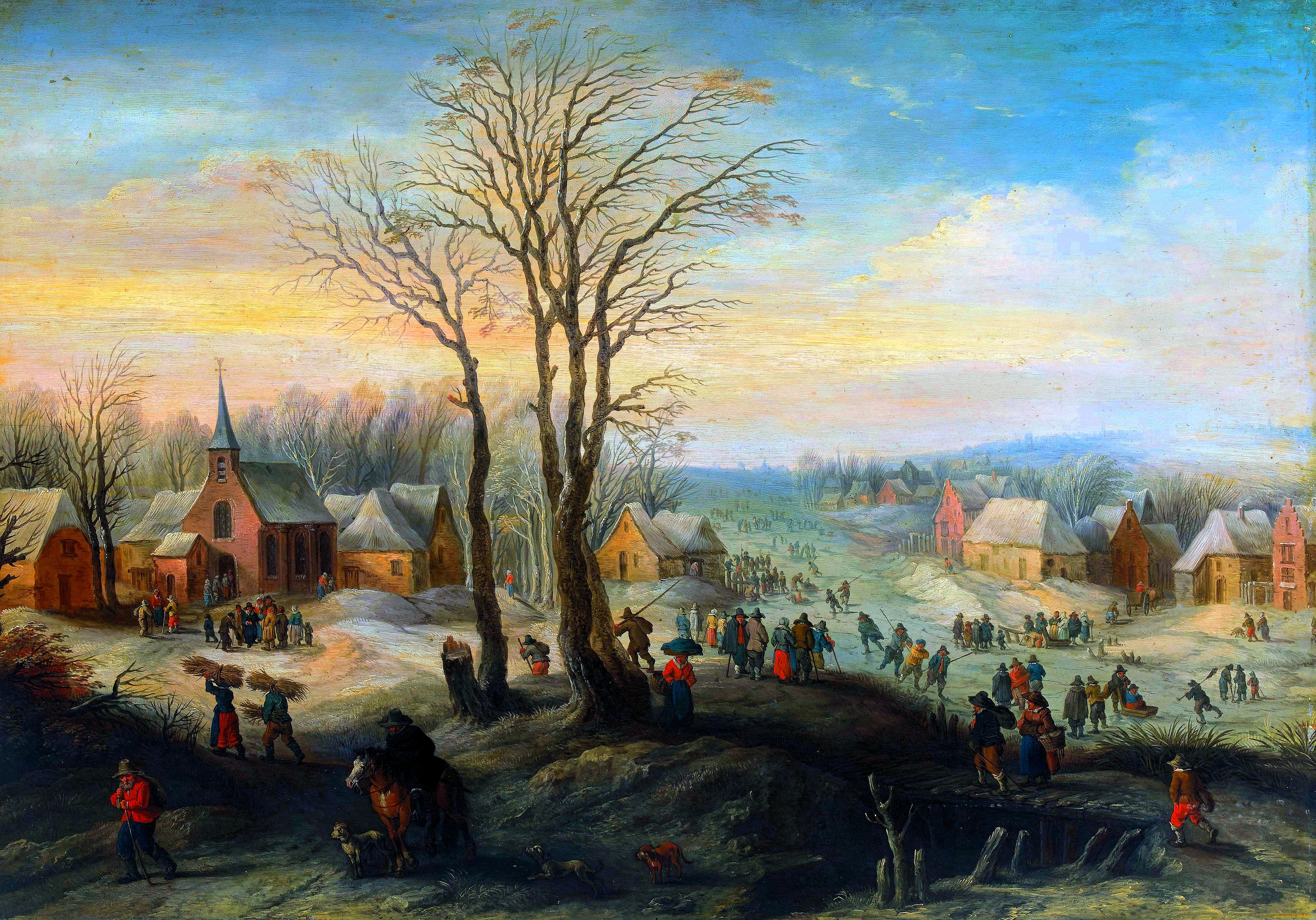 рисованное, живопись, люди, снег, зима, дерево, селение