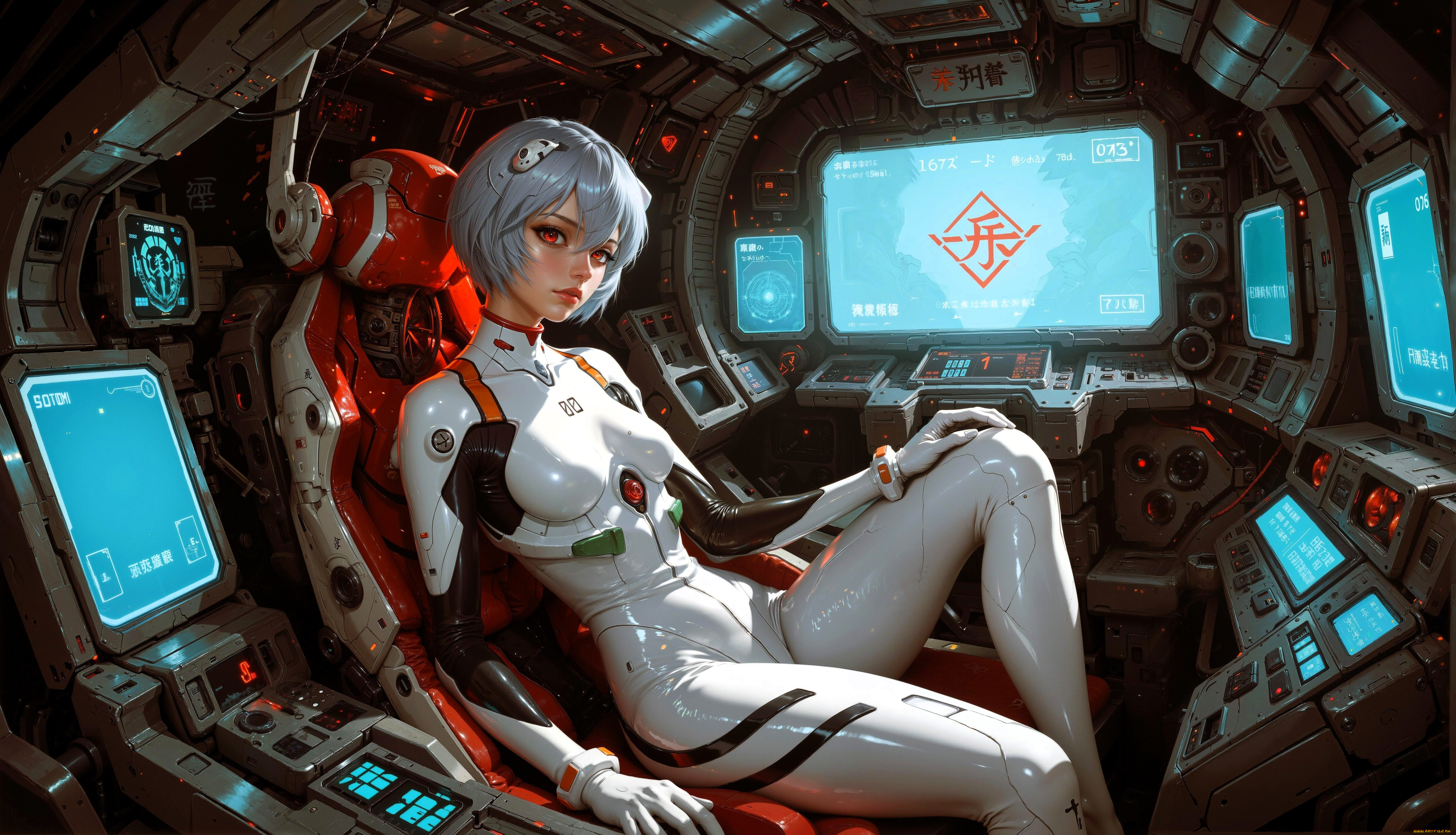 аниме, evangelion, девушка, киборг, капсула, техника