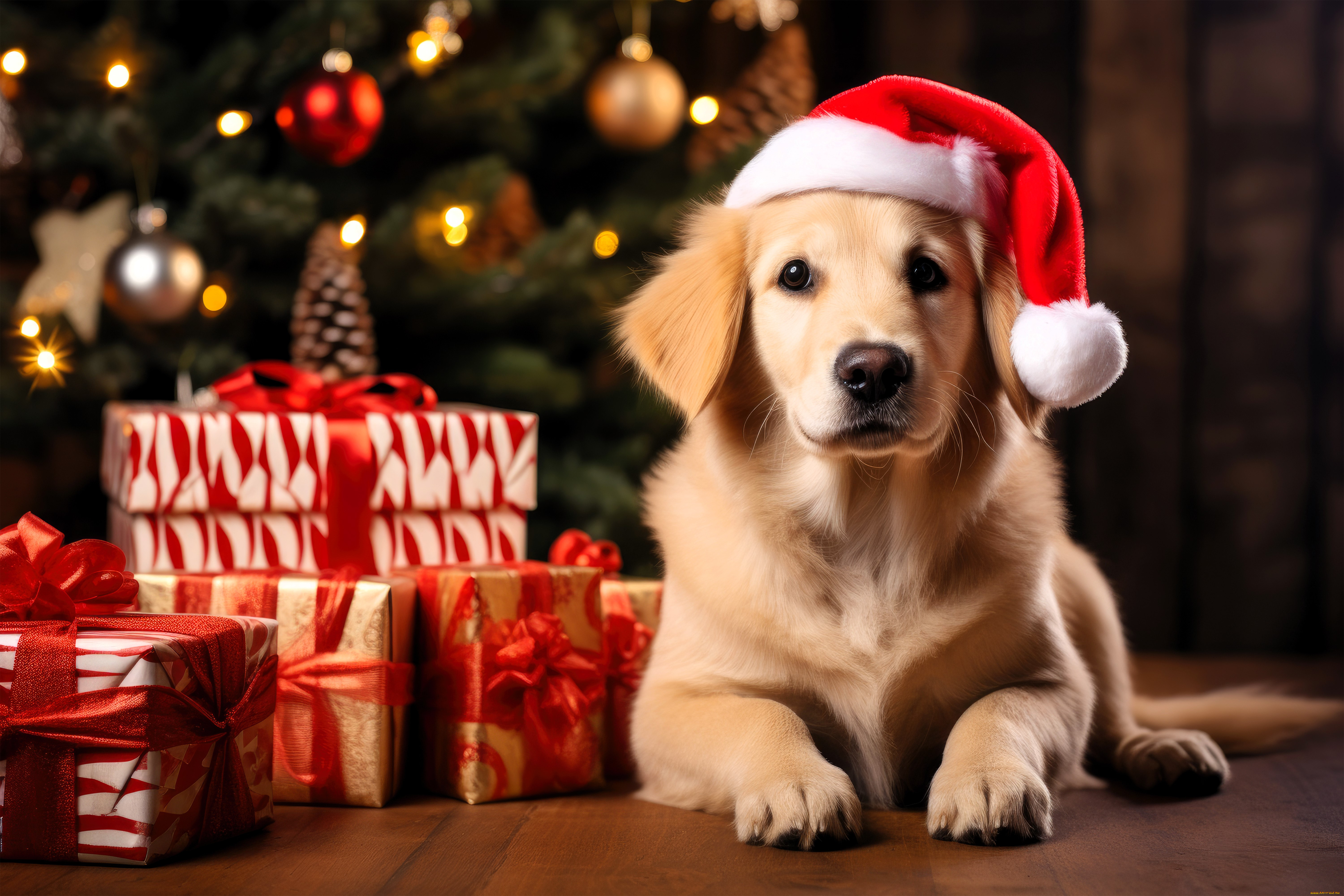 разное, компьютерный, дизайн, собака, ретривер, шапка, ёлка, подарки, новый, год