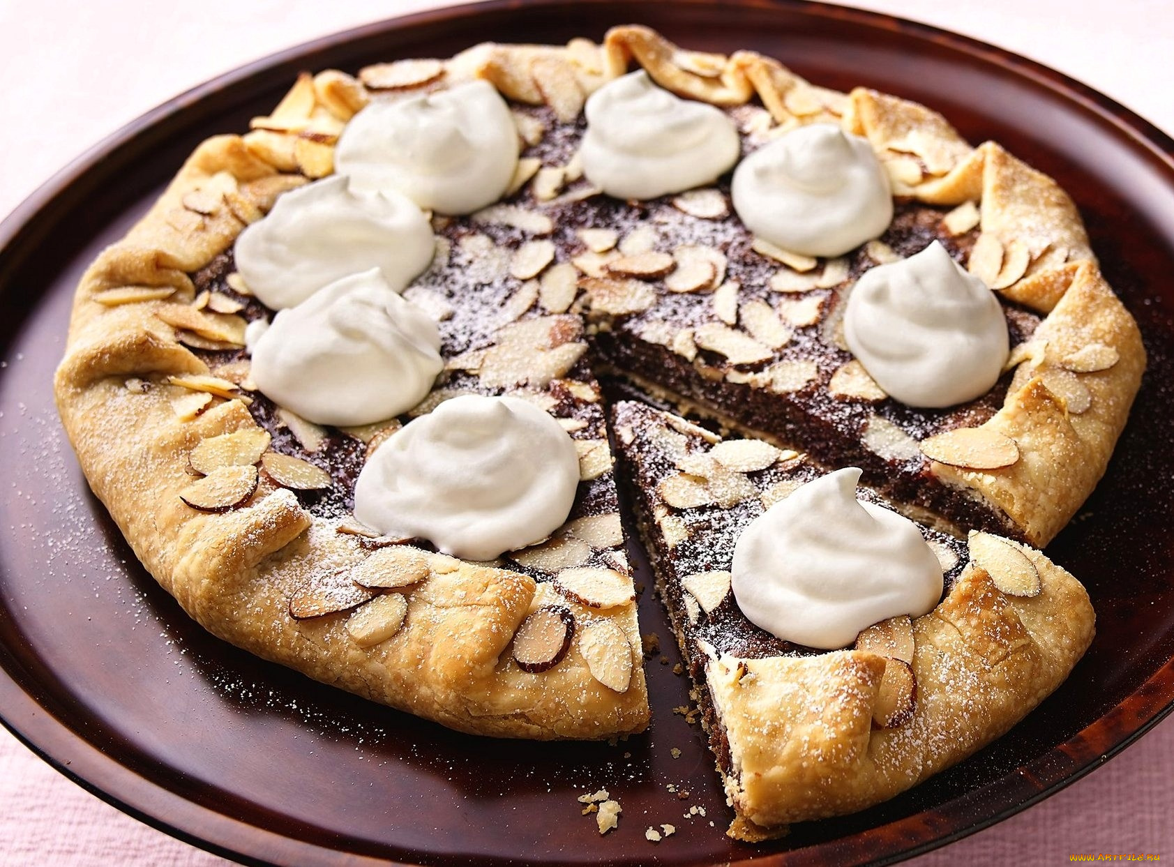 еда, пироги, круглый, крем, миндаль, пирог