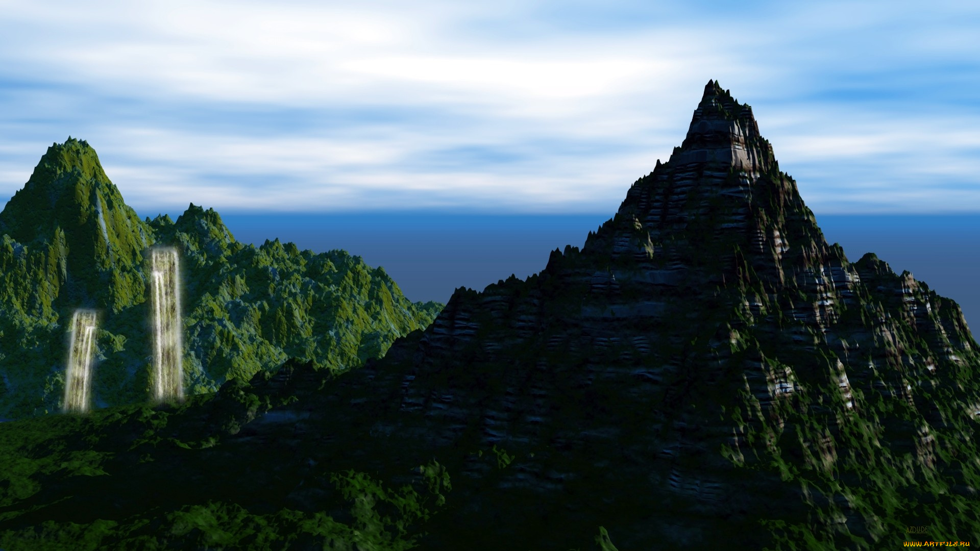 3д, графика, nature, landscape, природа, горы, водопад