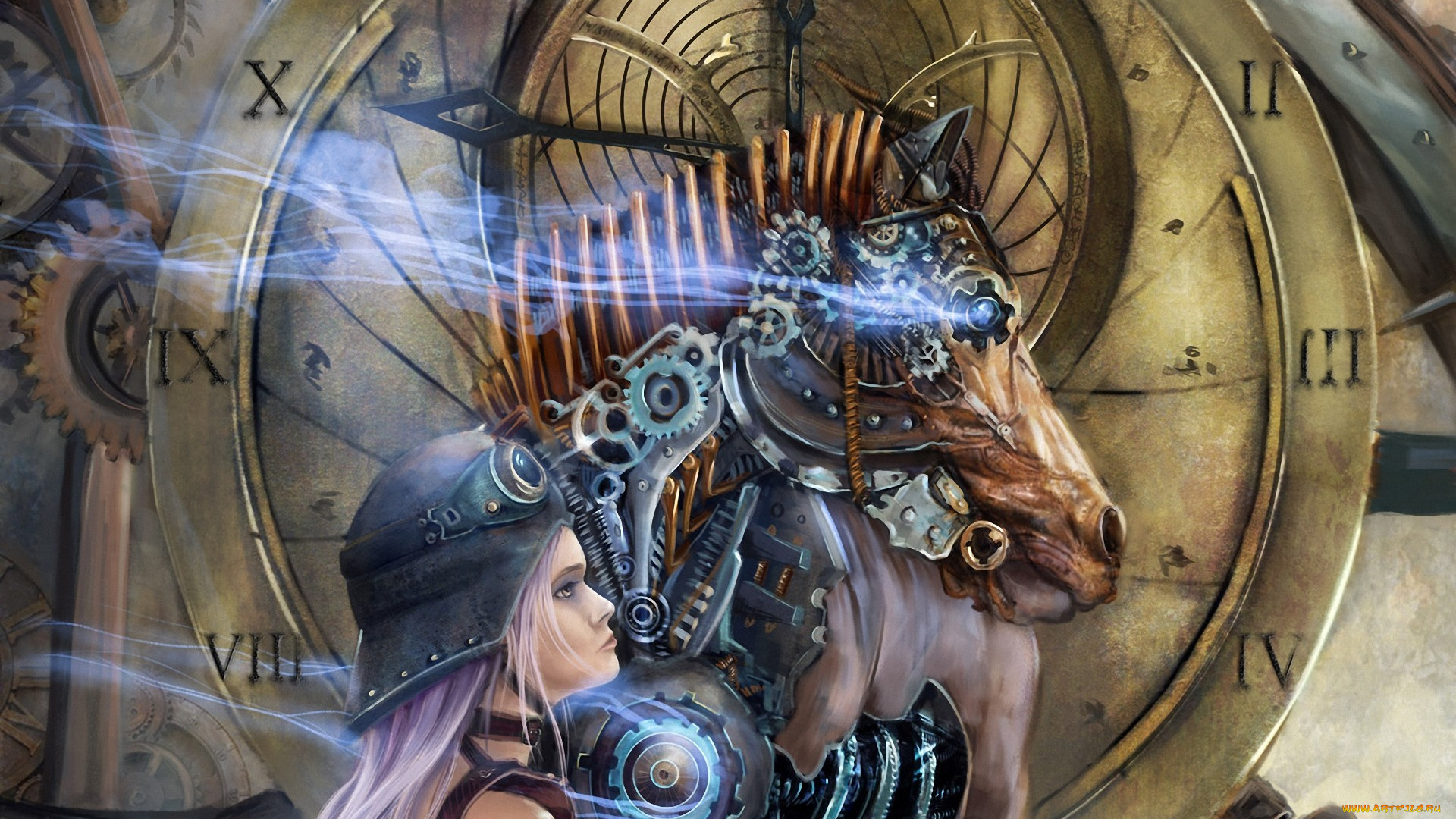фэнтези, роботы, киборги, механизмы, часы, циферблат, конь, механизм, девушка