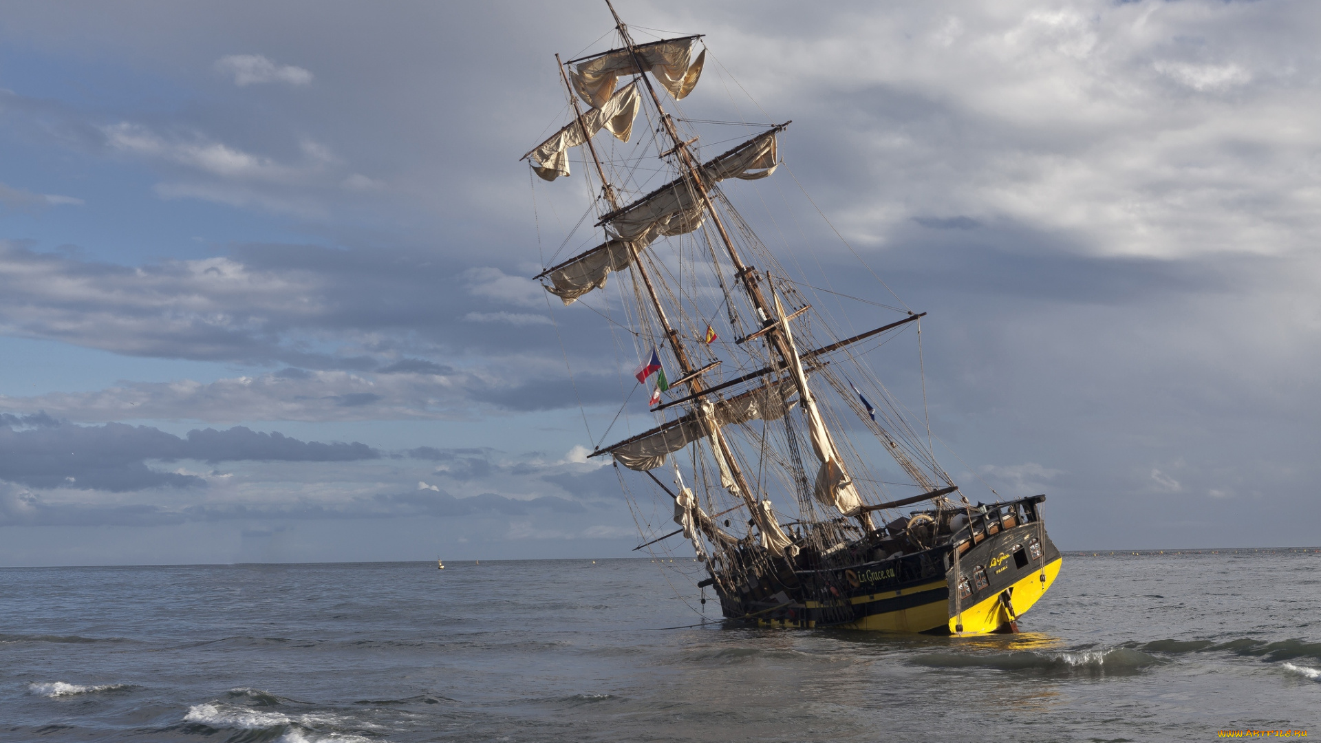 корабли, парусники, побережье, мачты