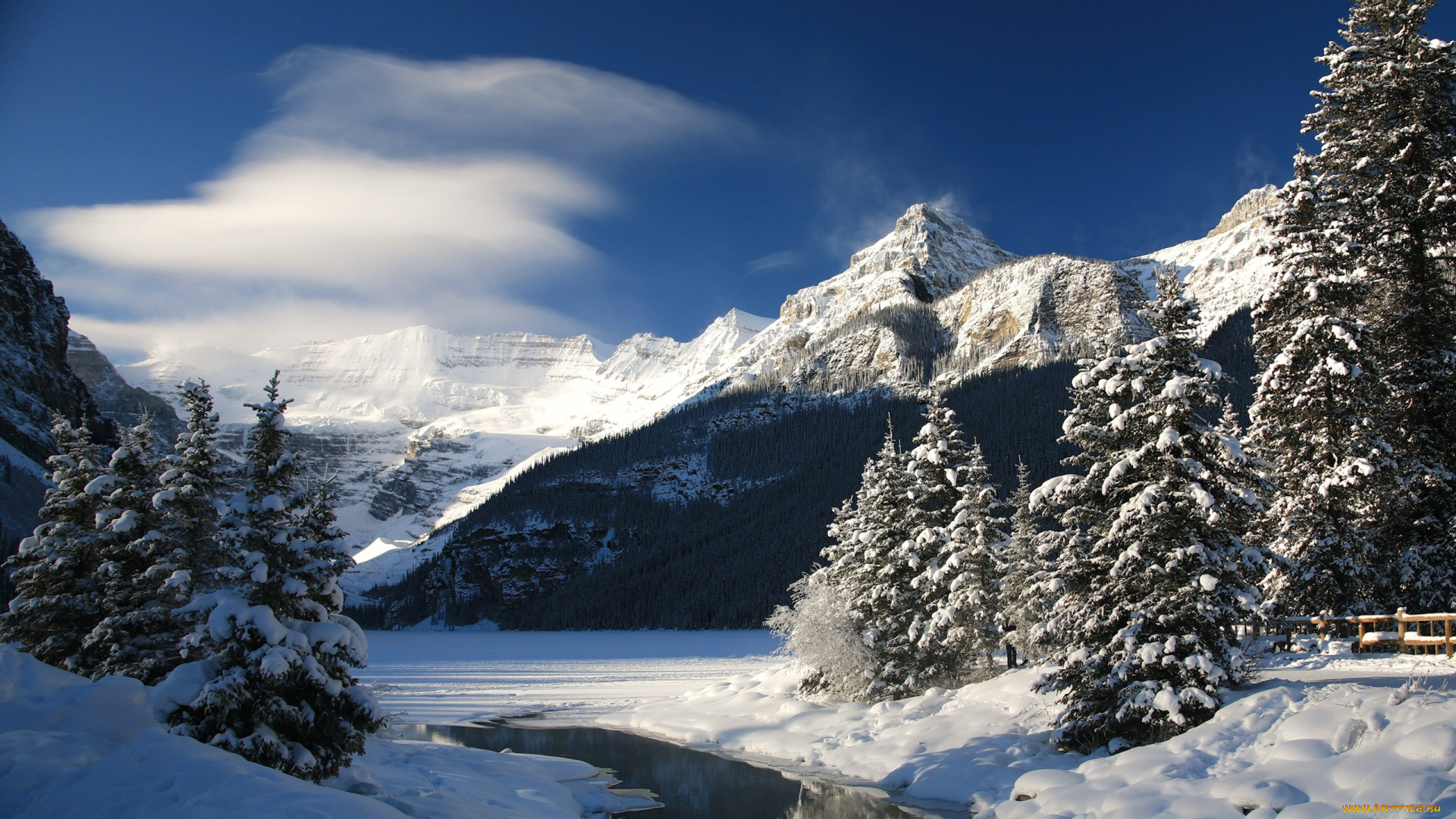 природа, зима, снег, река, лес, горы, лед