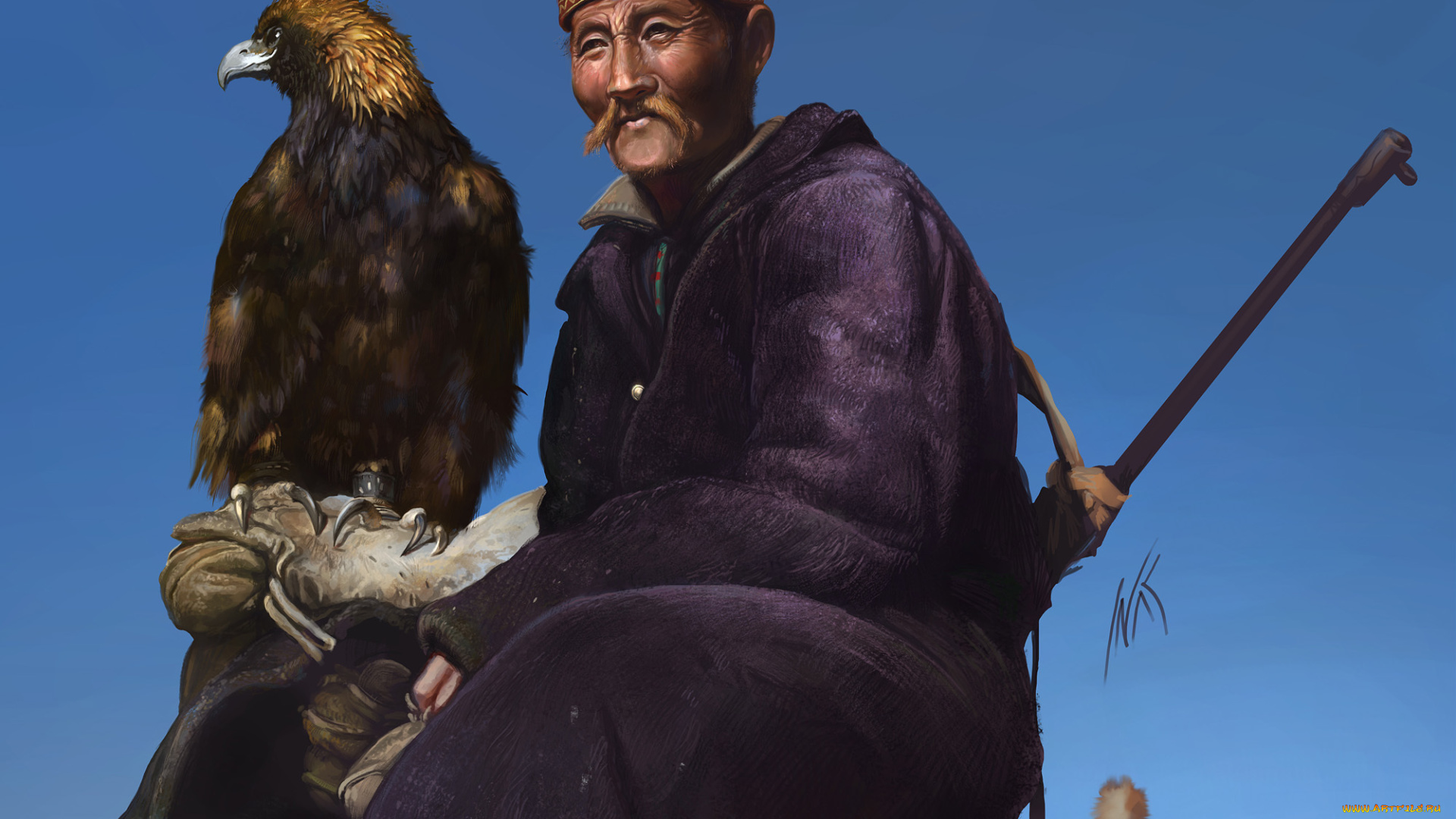 рисованные, люди, птица, беркут, мужчина, охотник