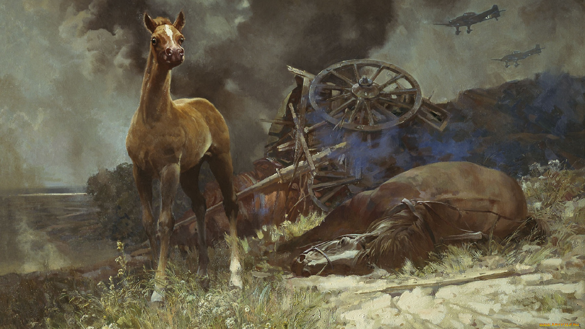 рисованные, живопись, н, присекин, лихолетье, жеребёнок, разбитая, повозка