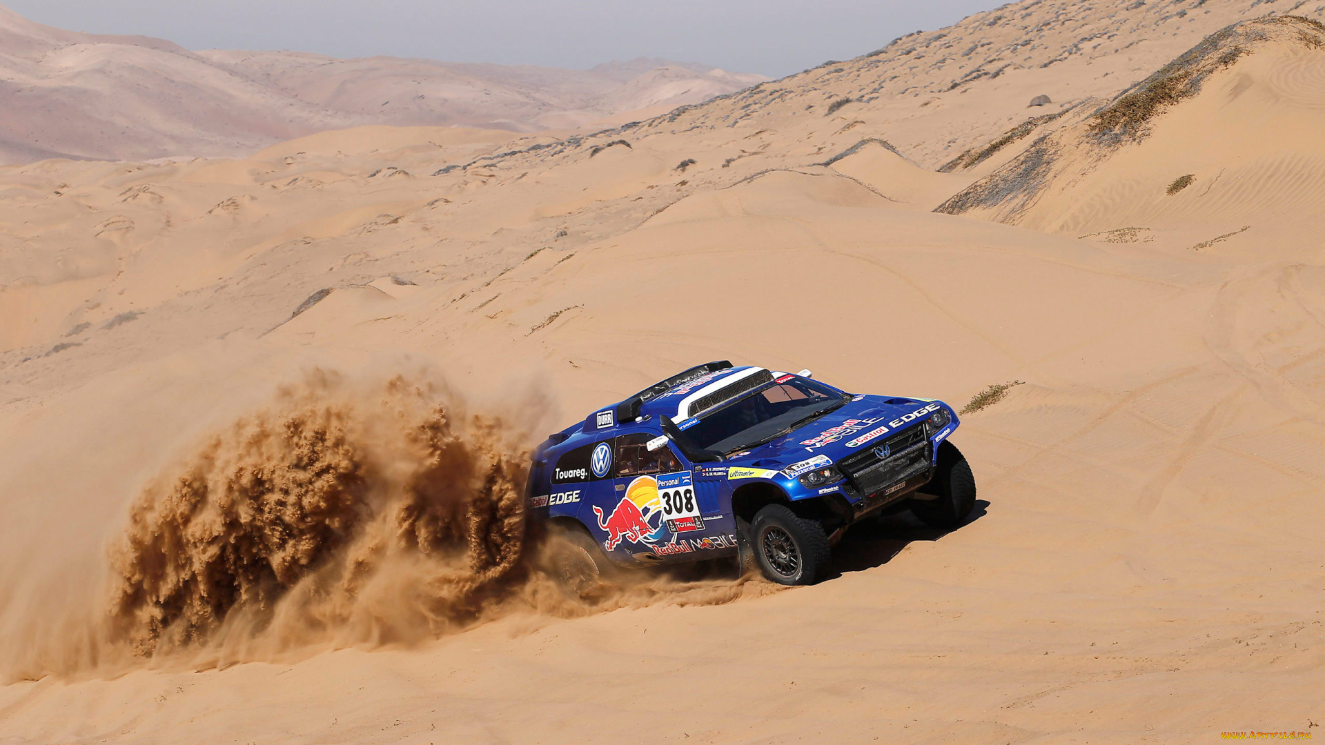 спорт, авторалли, газ, red, bull, volkswagen, touareg, dakar, дюны, езда, небо, синий, 308