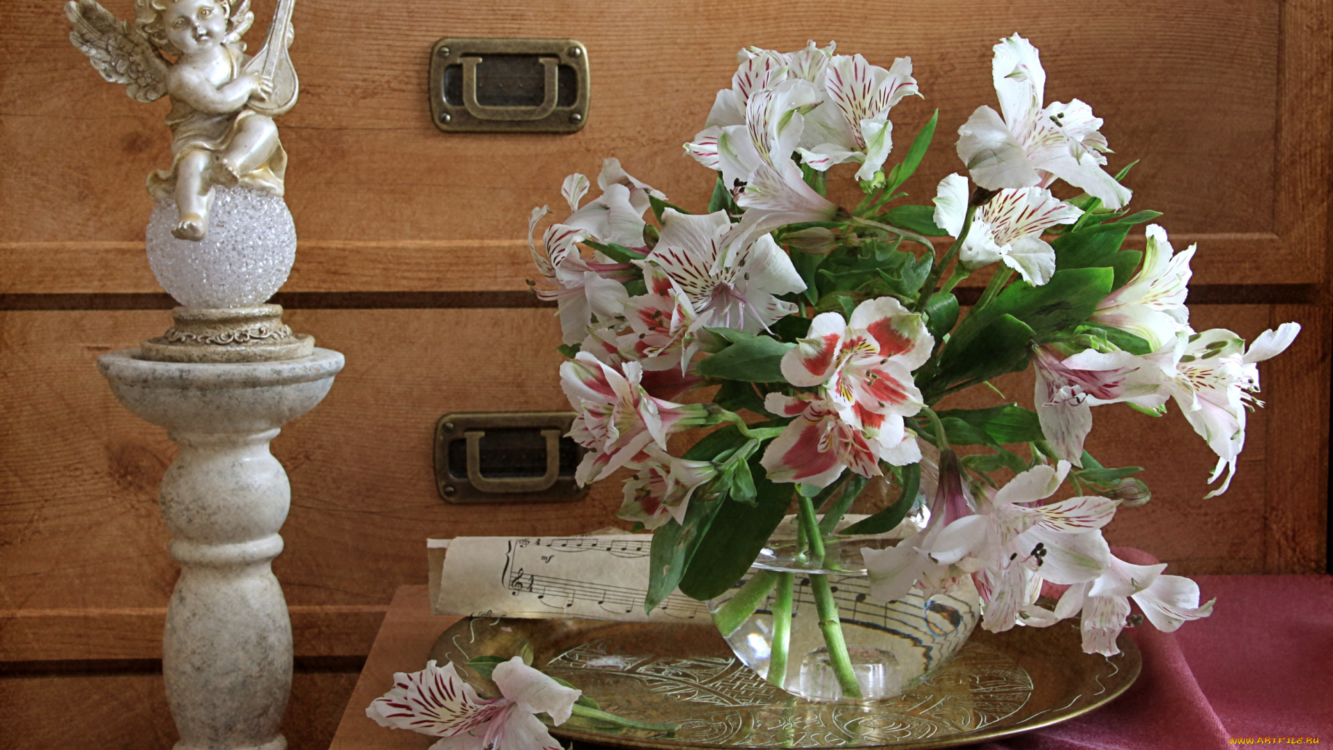 цветы, альстромерия, букет, ноты, ангел