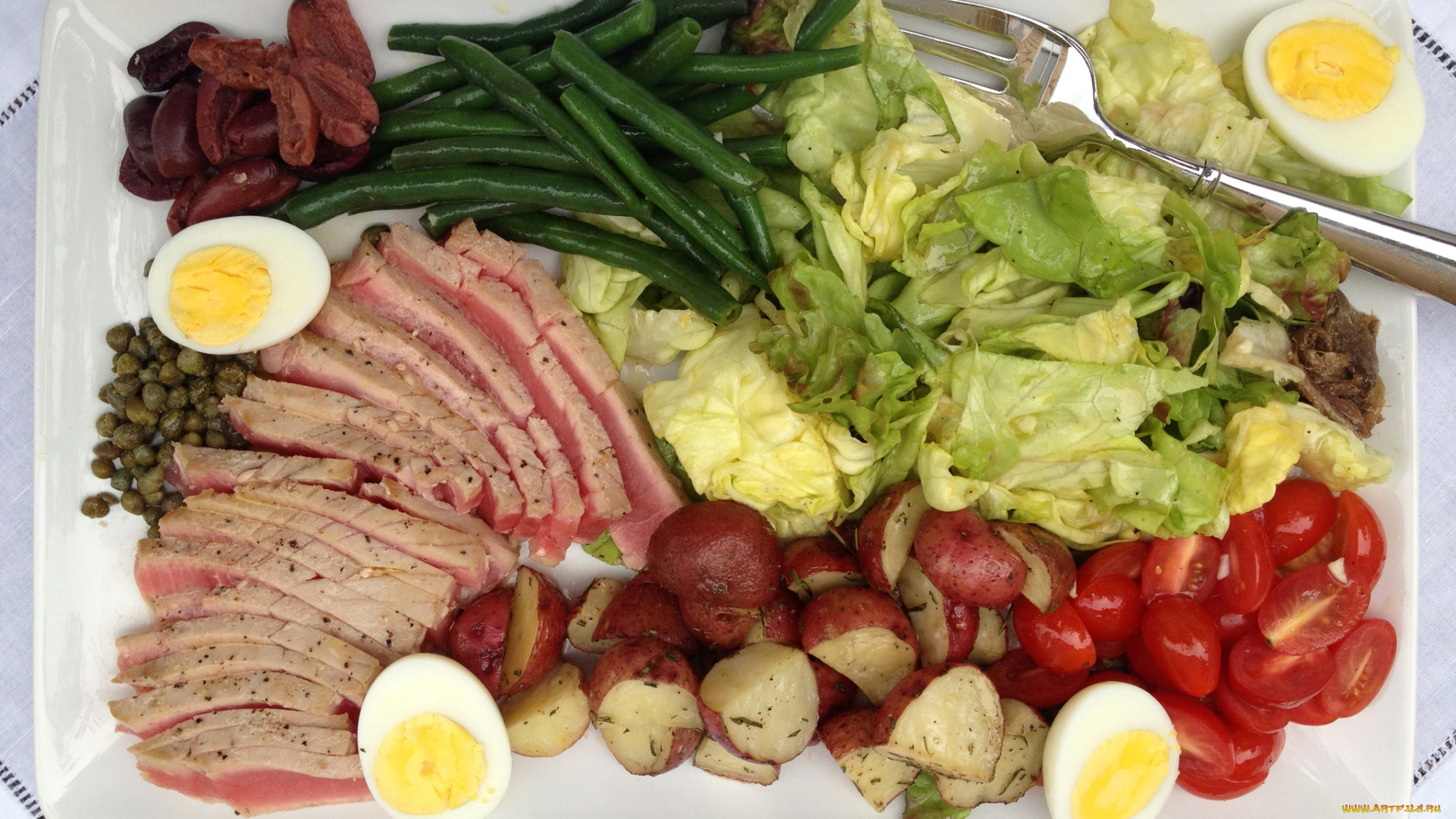еда, разное, зелень, картофель, помидоры, ветчина, салат