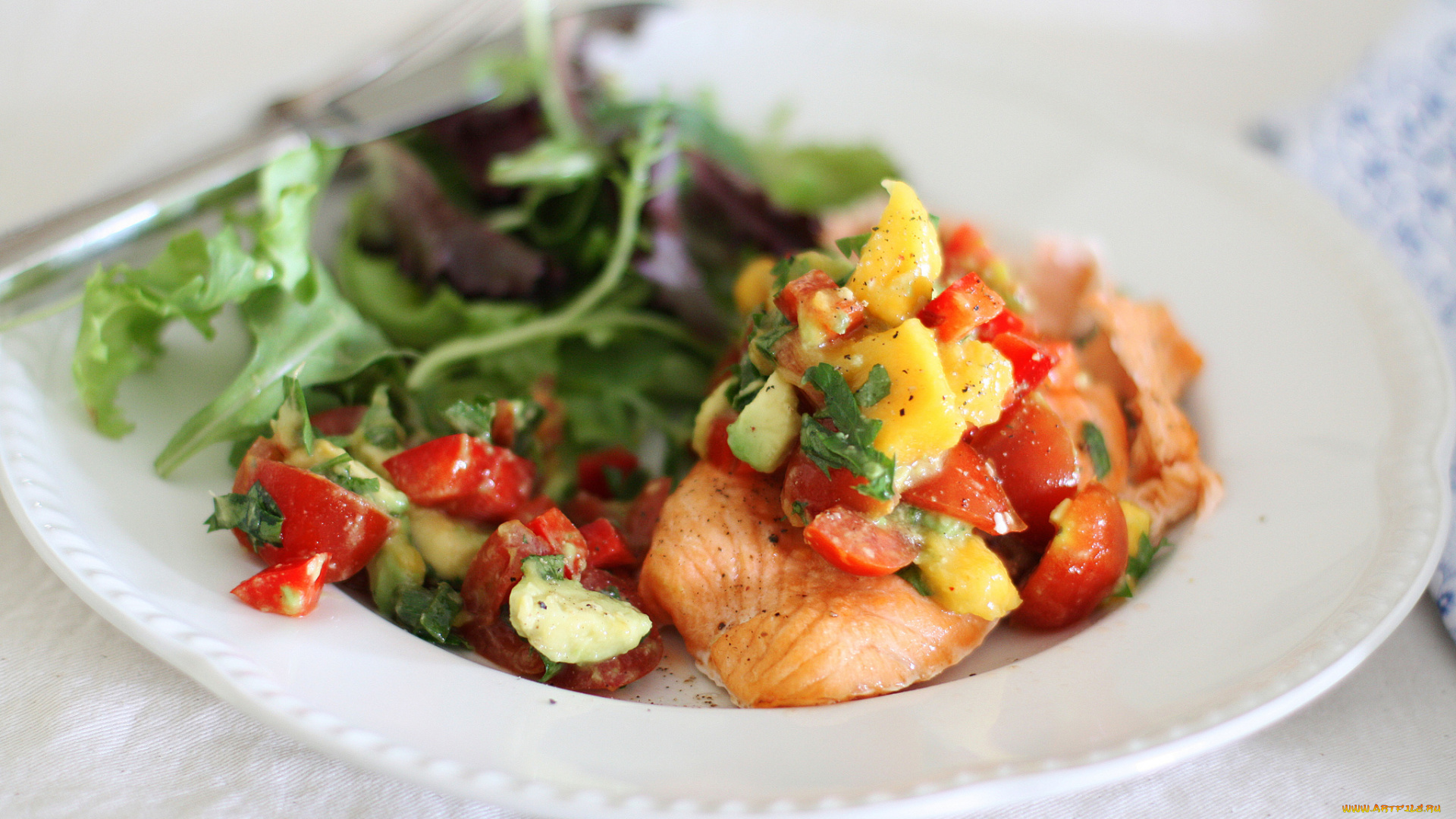 еда, рыбные, блюда, , с, морепродуктами, сальса