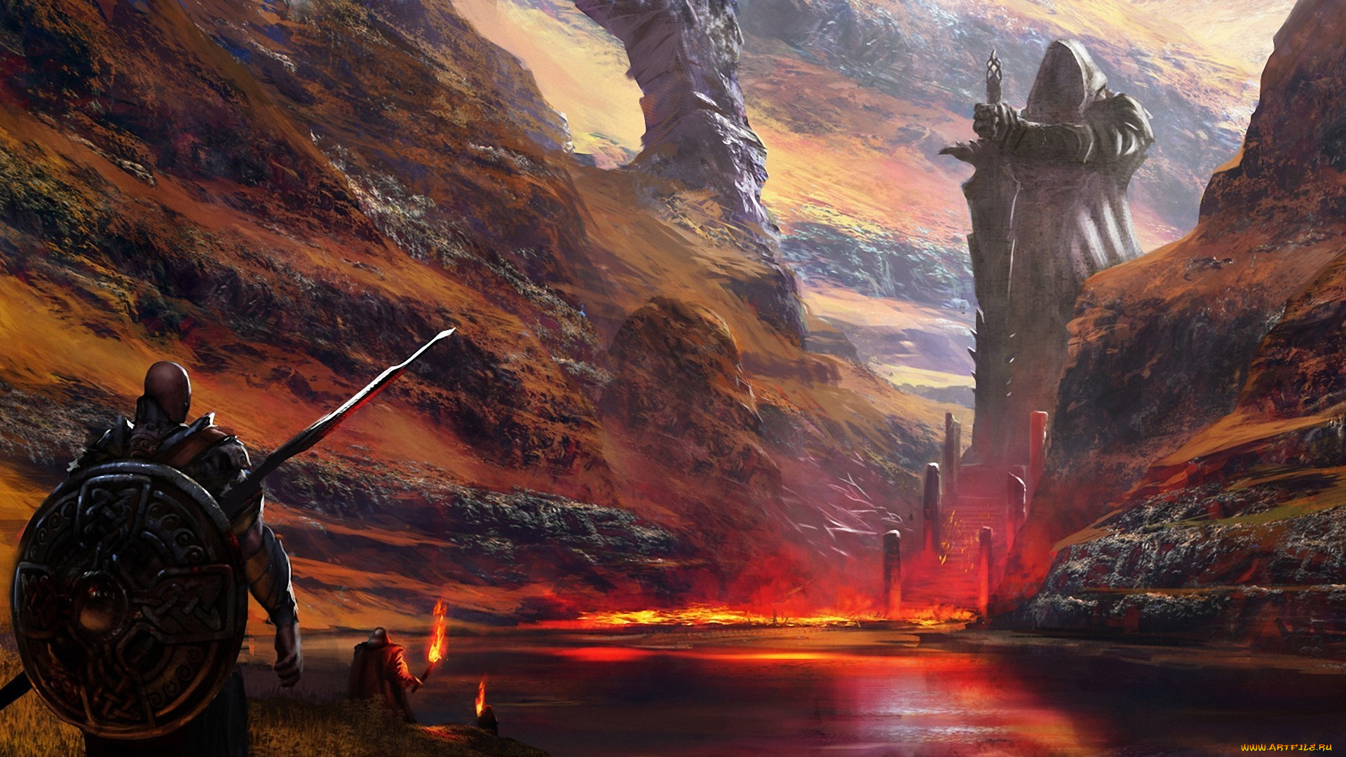 фэнтези, люди, ущелье, копье, факел, монумент, щит, колосс, воины, мир, иной