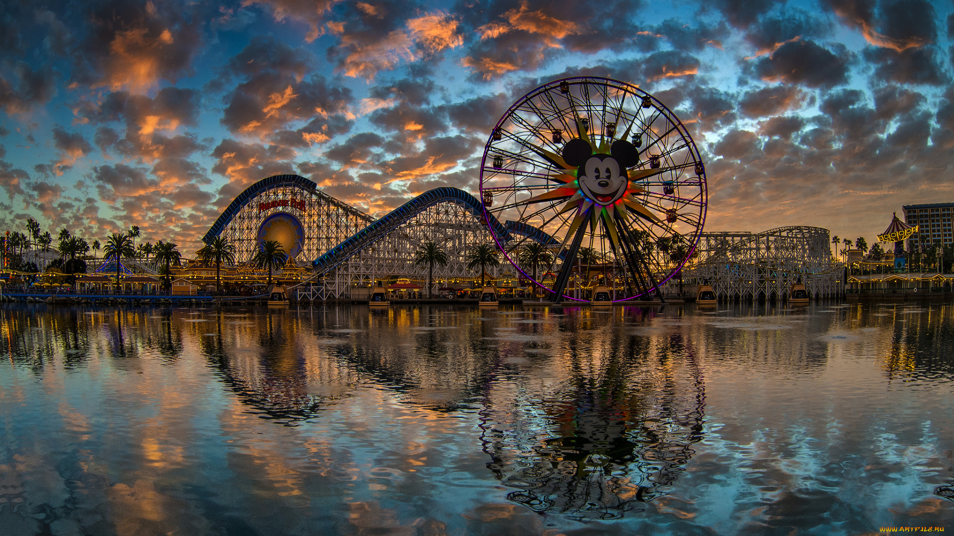 города, диснейленд, утро, рассвет, парк, водоем, аттракционы