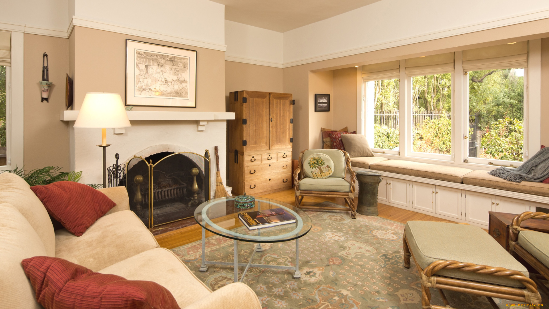 интерьер, гостиная, диван, камин