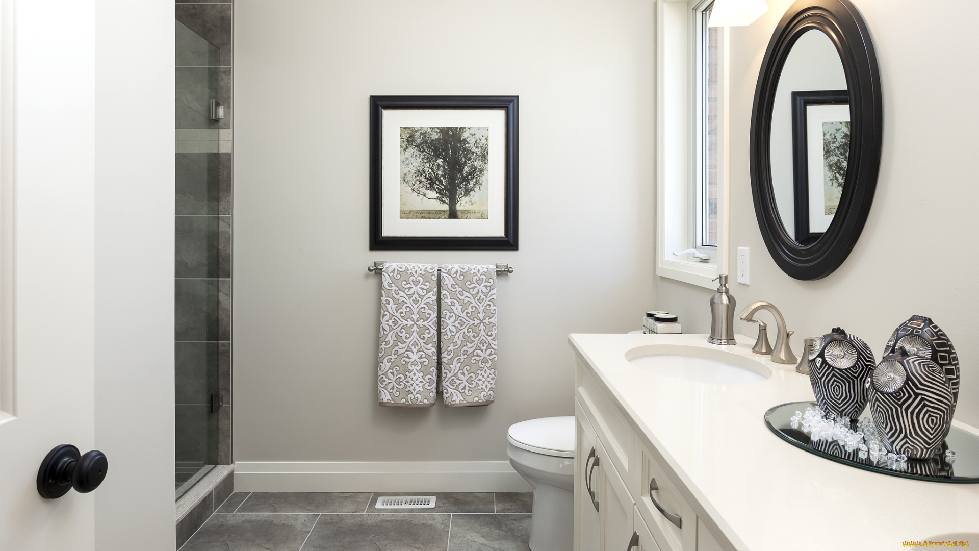 интерьер, ванная, и, туалетная, комнаты, умывальник, зеркало