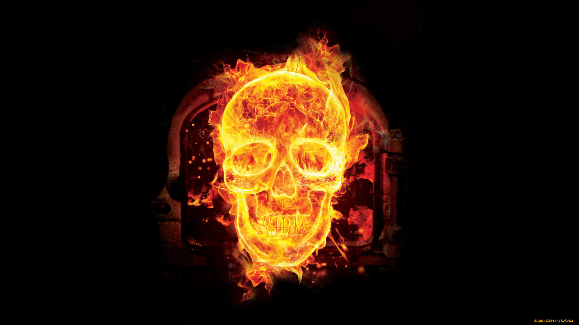 огненный, череп, фэнтези, нежить, череп, скелет, камин, огонь