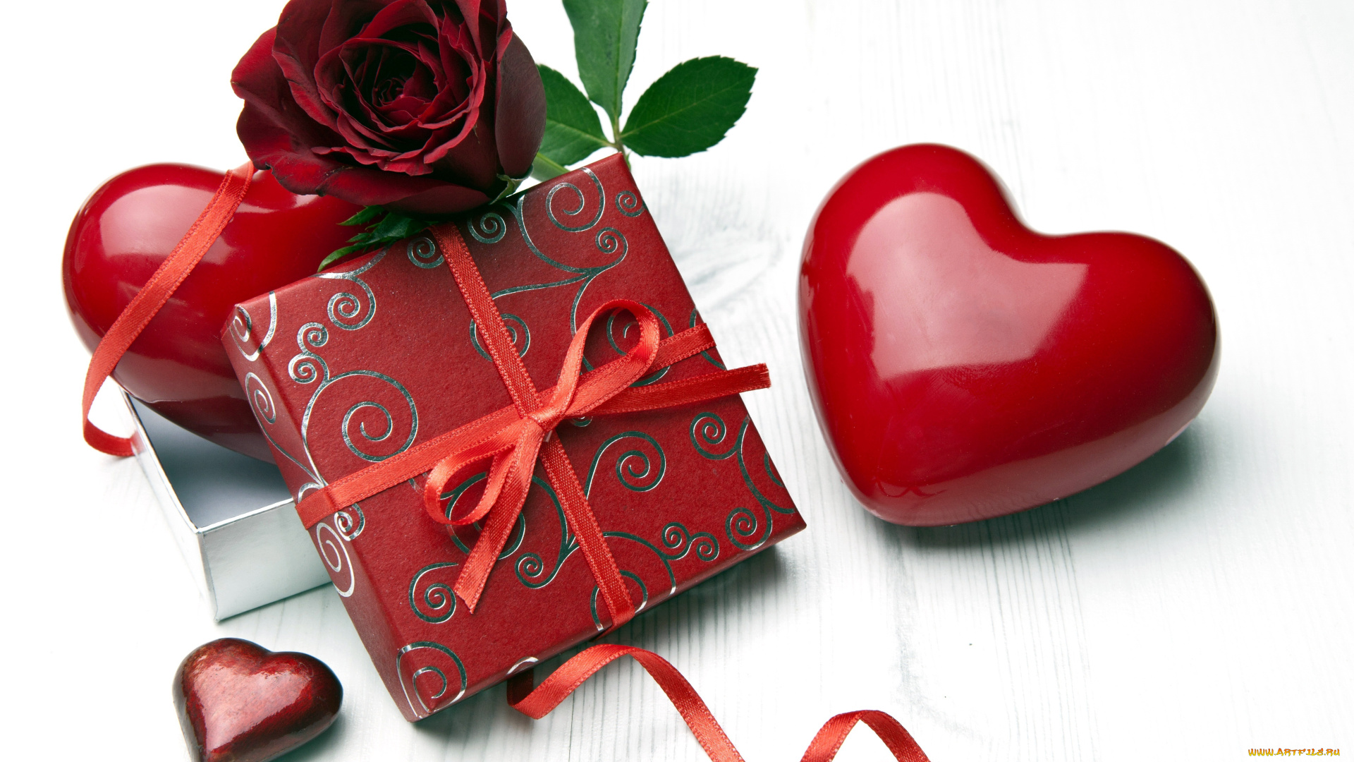 праздничные, день, святого, валентина, , сердечки, , любовь, подарок, лента, бант, роза, сердечки