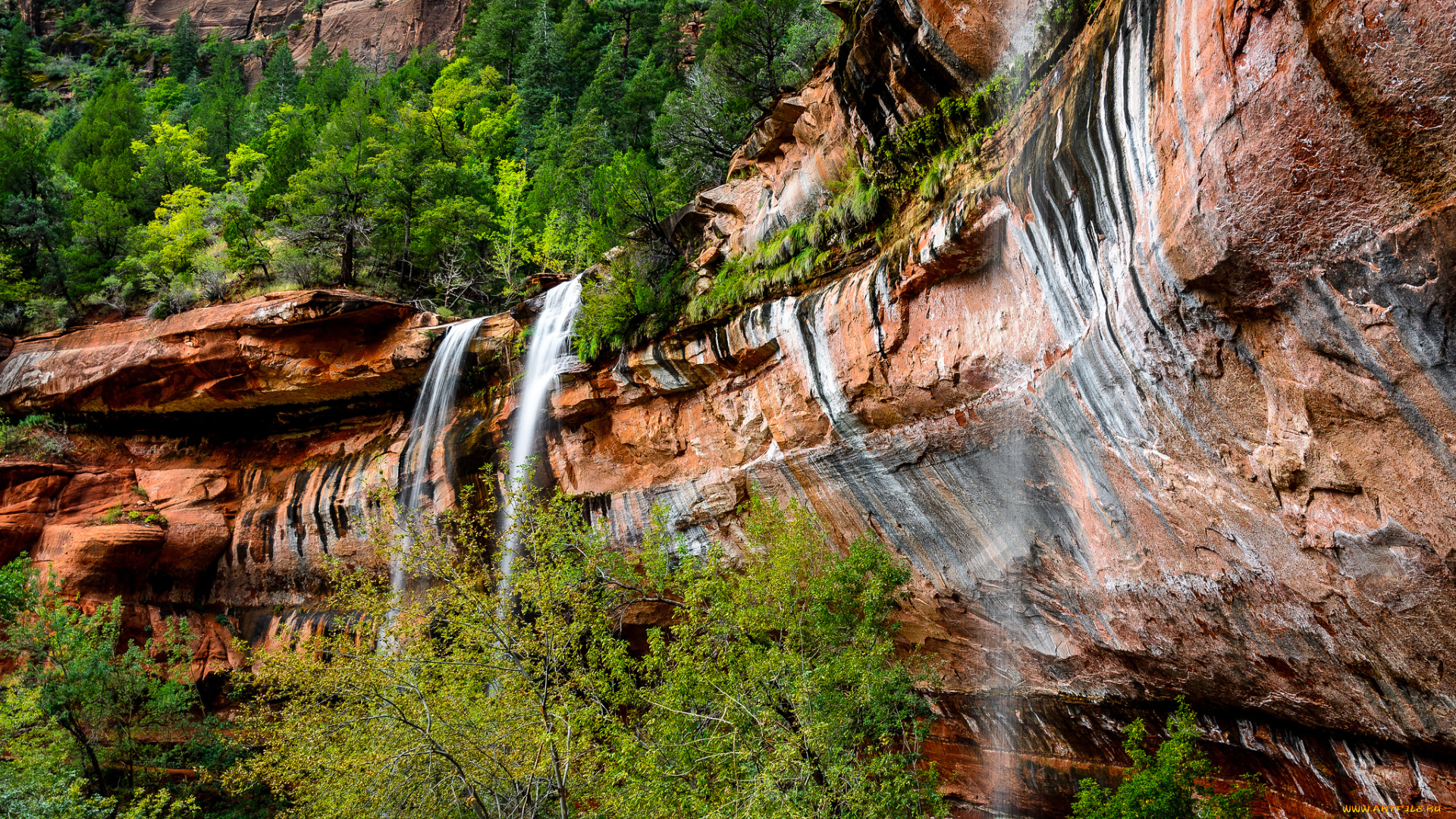 природа, водопады, водопад, обрыв, лес, скалы