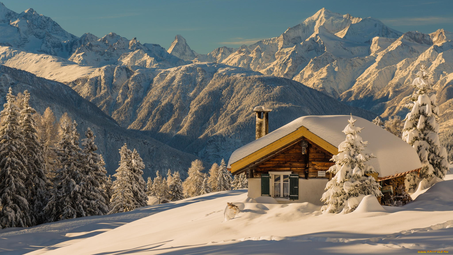 природа, зима, горы, снег, дом