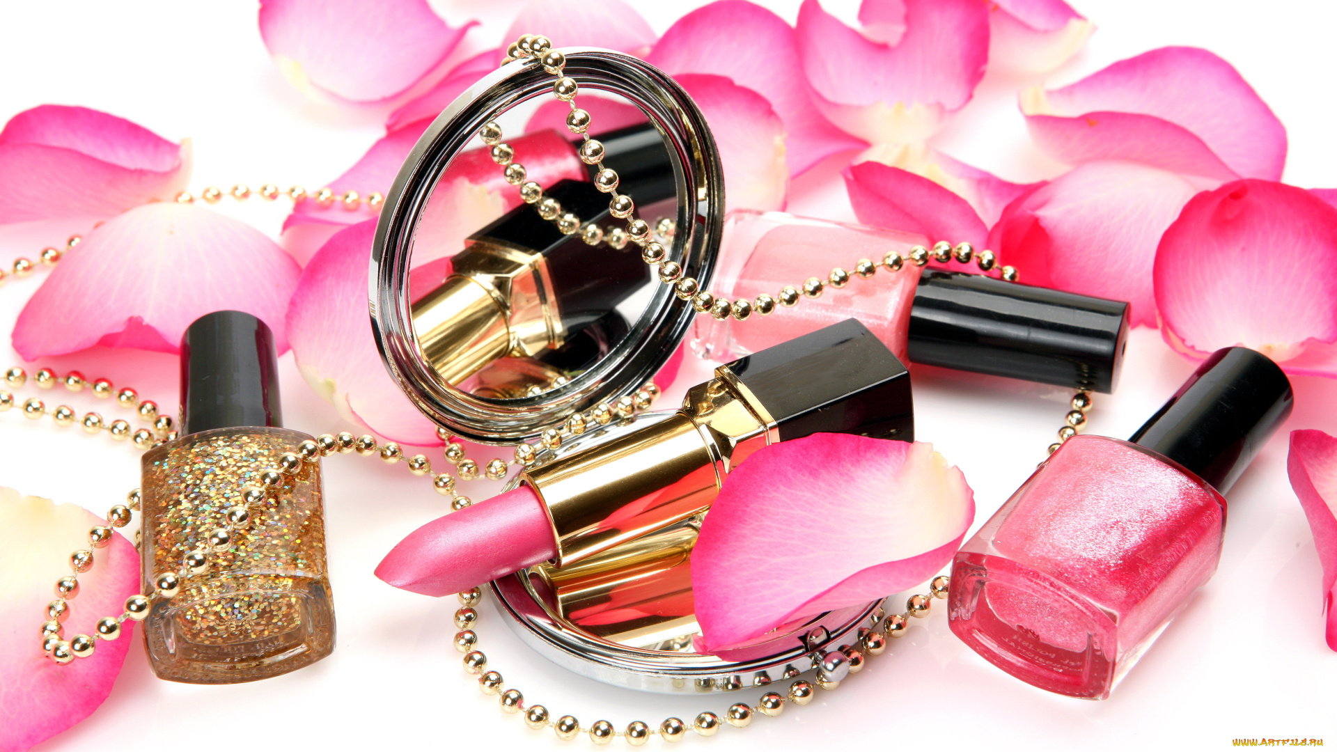 разное, косметика, , духи, лак, помада, лепестки, бусы, зеркальце