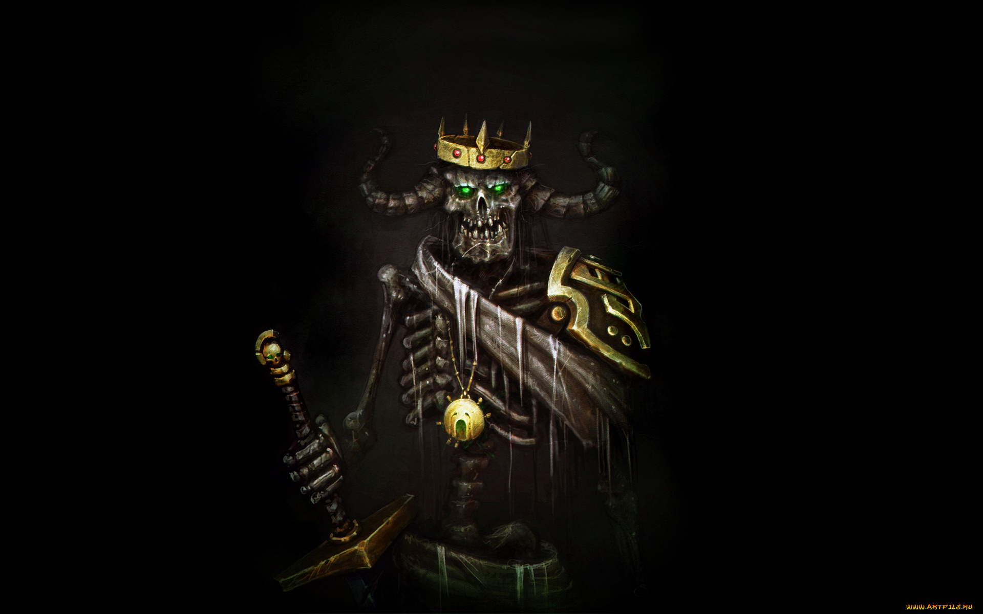 скелет, фэнтези, нежить, король, меч, череп, корона