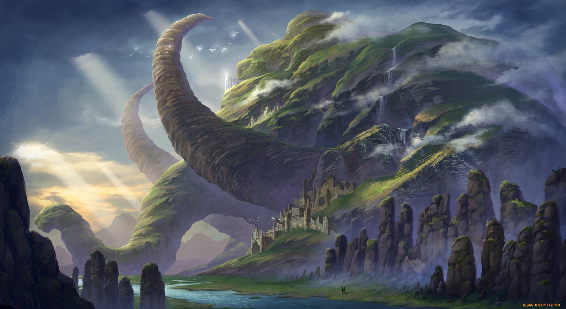 фэнтези, иные, миры, , иные, времена, скалы, река, замок, гора, мир, иной, водопад
