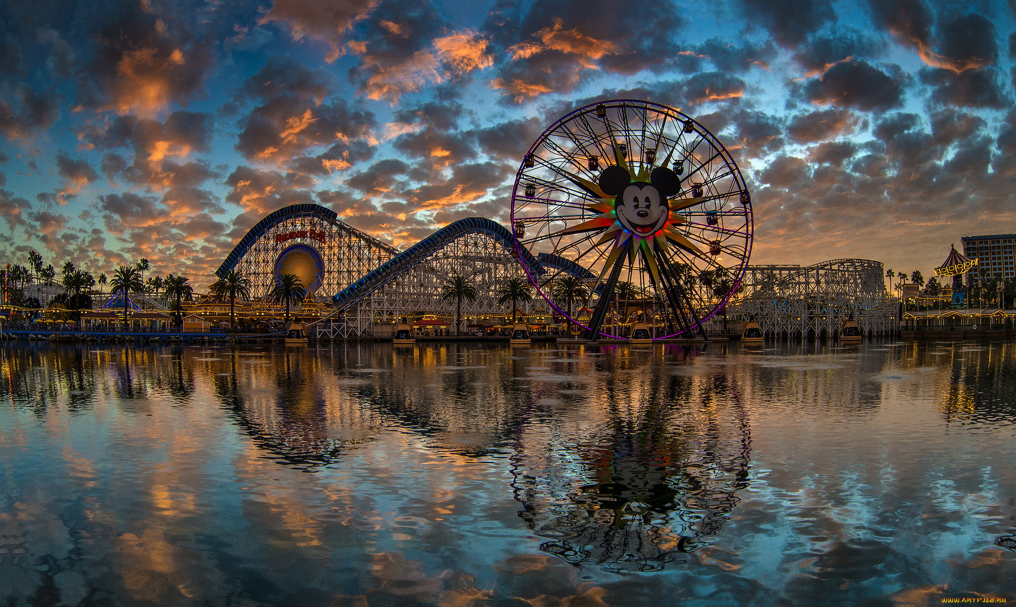 города, диснейленд, утро, рассвет, парк, водоем, аттракционы