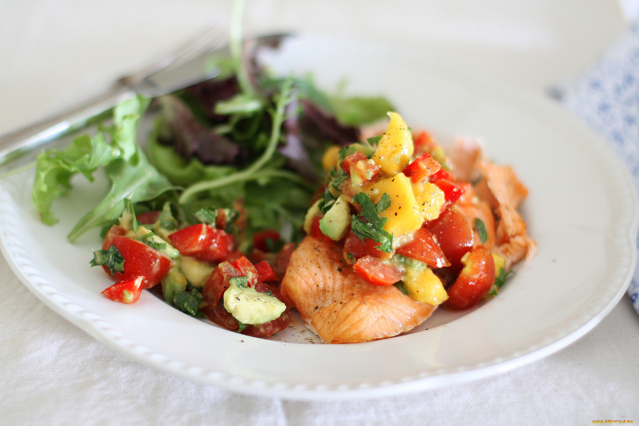 еда, рыбные, блюда, , с, морепродуктами, сальса