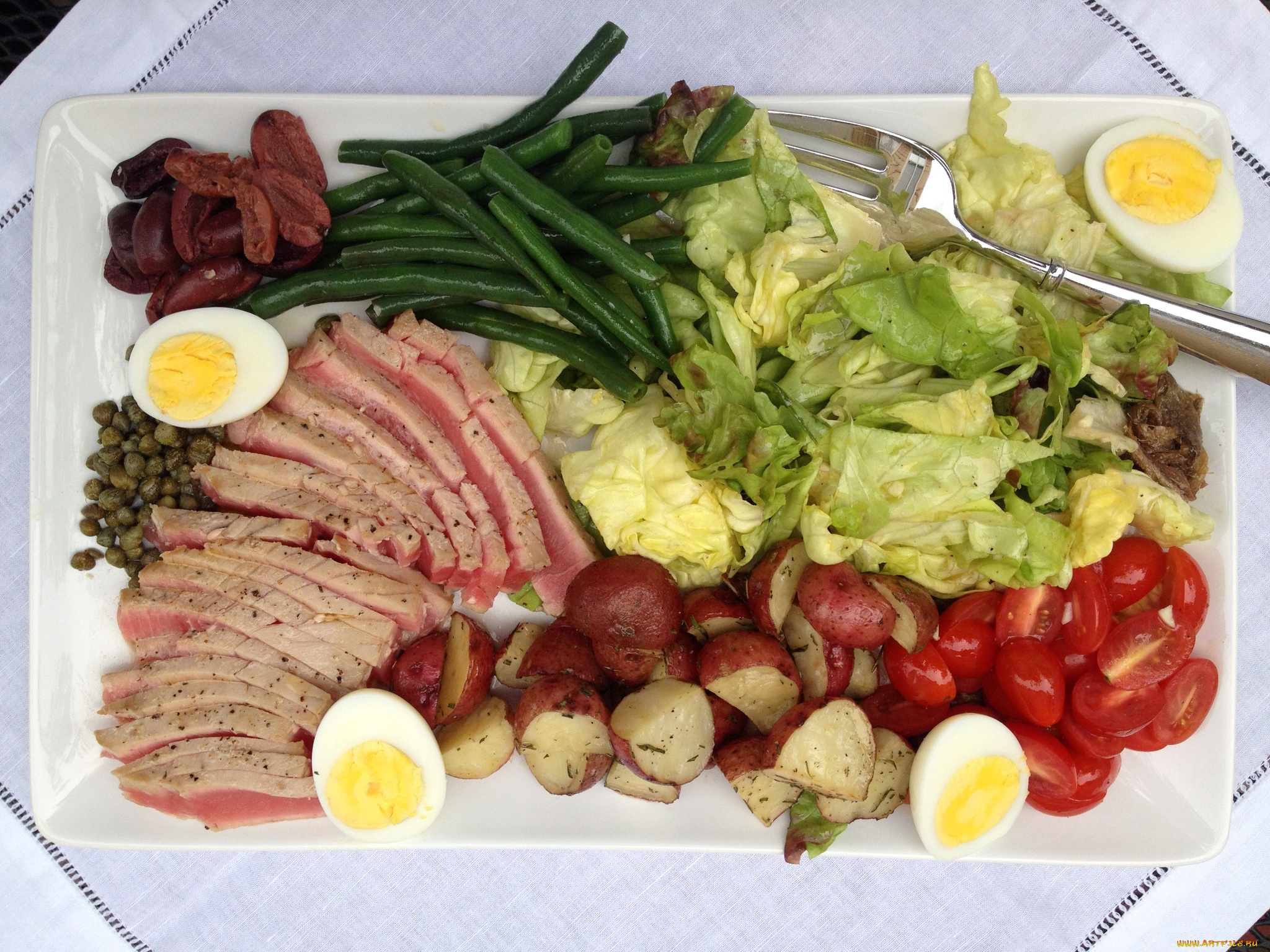 еда, разное, зелень, картофель, помидоры, ветчина, салат