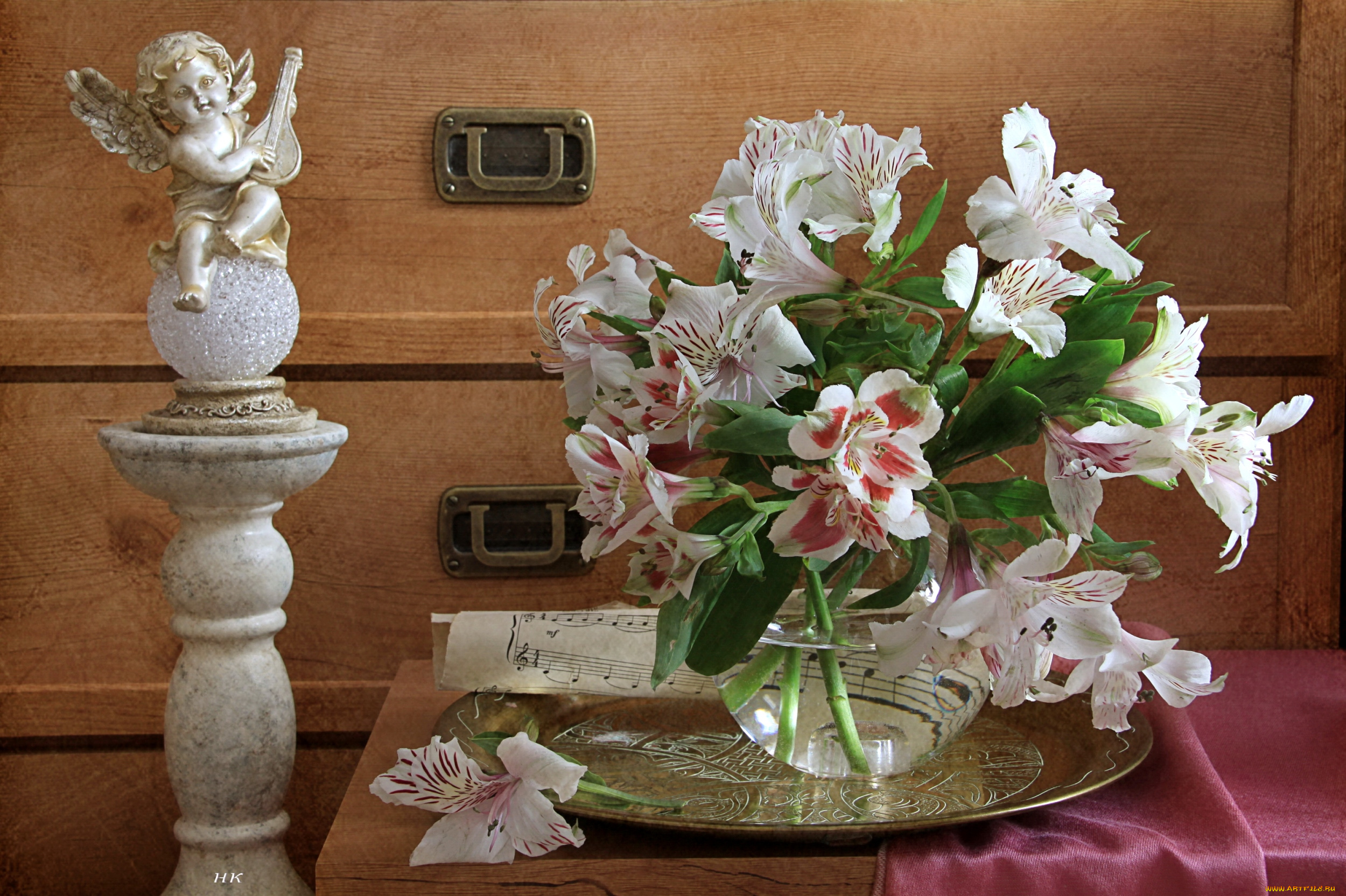 цветы, альстромерия, букет, ноты, ангел