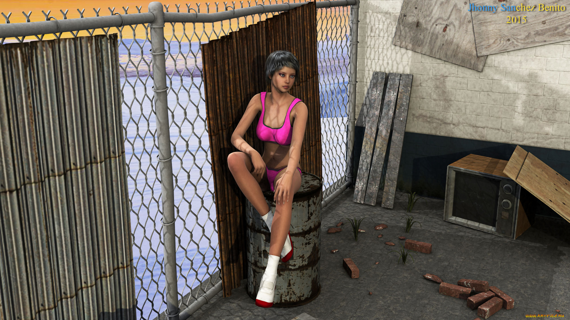 3д, графика, люди, , people, девушка, взгляд, фон, купальник, двор